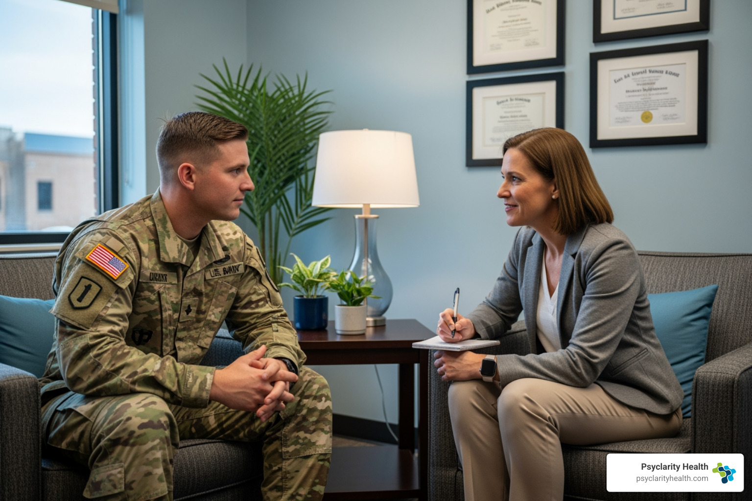 service member speaking with a counselor - military mental health statistics