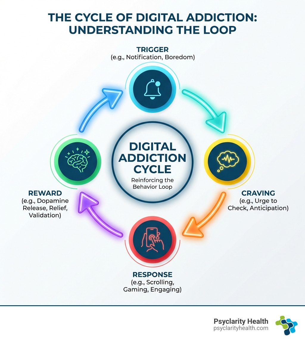 infographic showing the cycle of digital addiction with four stages: Trigger > Craving > Response > Reward - digital addiction help infographic 