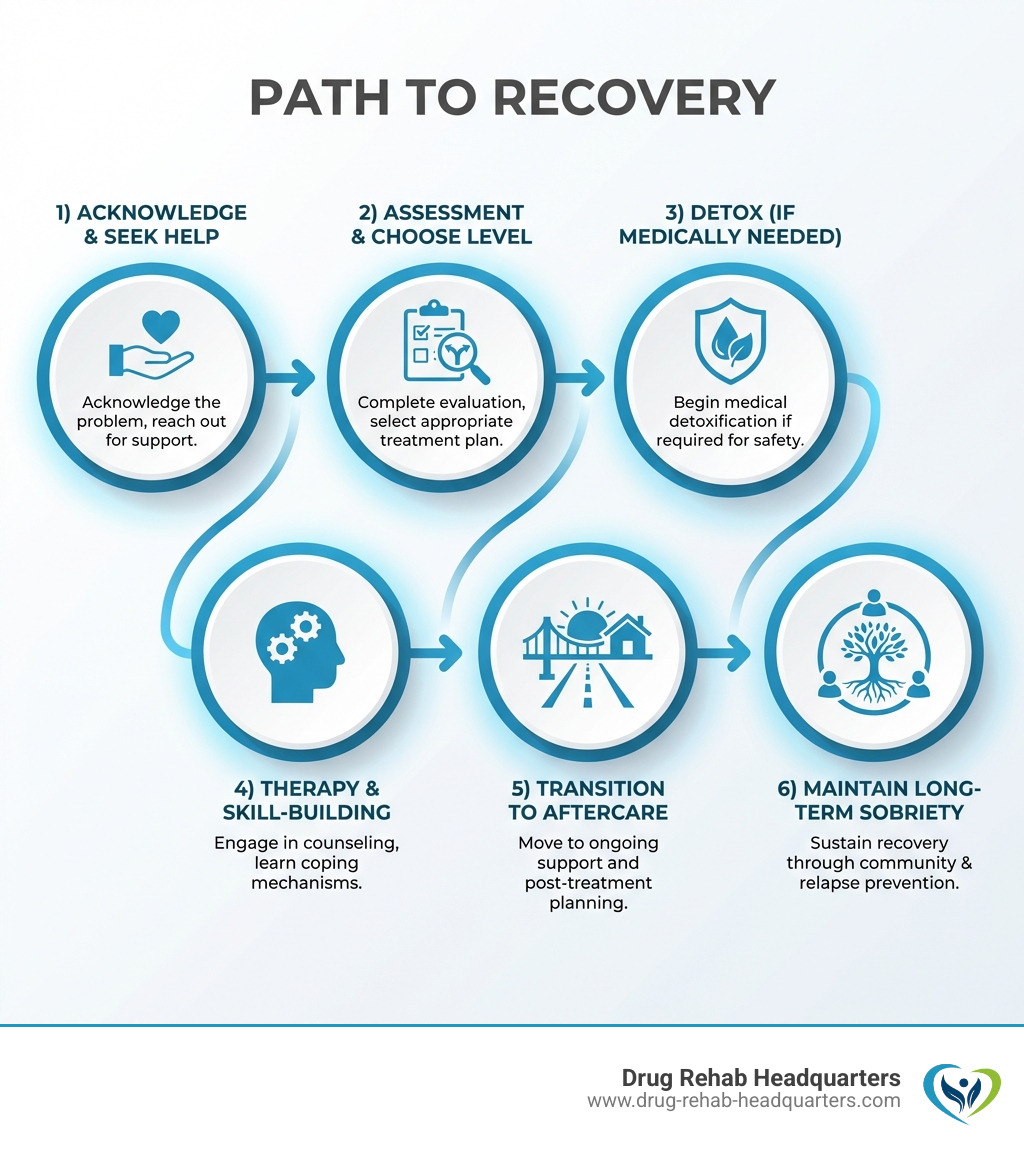 Infographic showing the path to recovery: 1) Acknowledge the problem and seek help, 2) Complete assessment and choose appropriate treatment level, 3) Begin detox if medically necessary, 4) Engage in therapy and skill-building, 5) Transition to aftercare and ongoing support, 6) Maintain long-term sobriety through community and relapse prevention - Addiction treatment centers infographic 