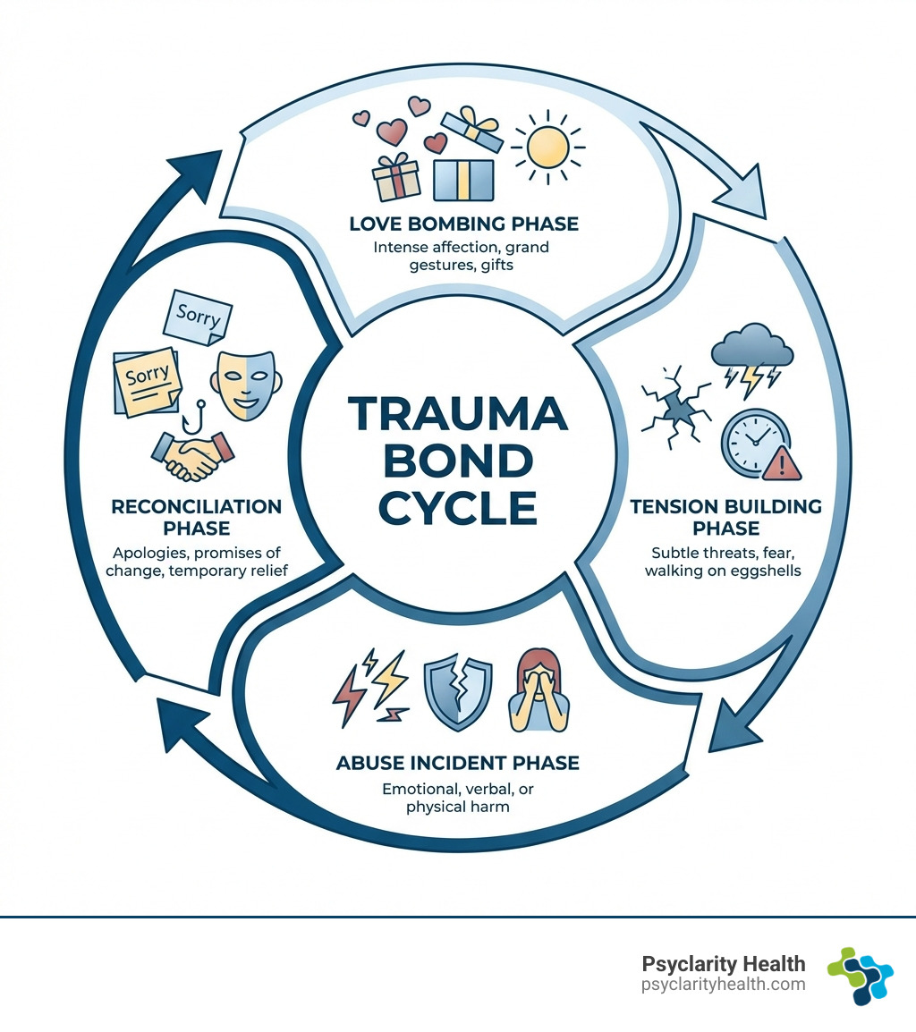 infographic showing the cycle of a trauma bond with four stages: love bombing phase with hearts and gifts, tension building phase with warning signs, abuse incident phase with conflict symbols, and reconciliation phase with apologies and promises, all connected in a circular pattern - how to break a trauma bond fast infographic 