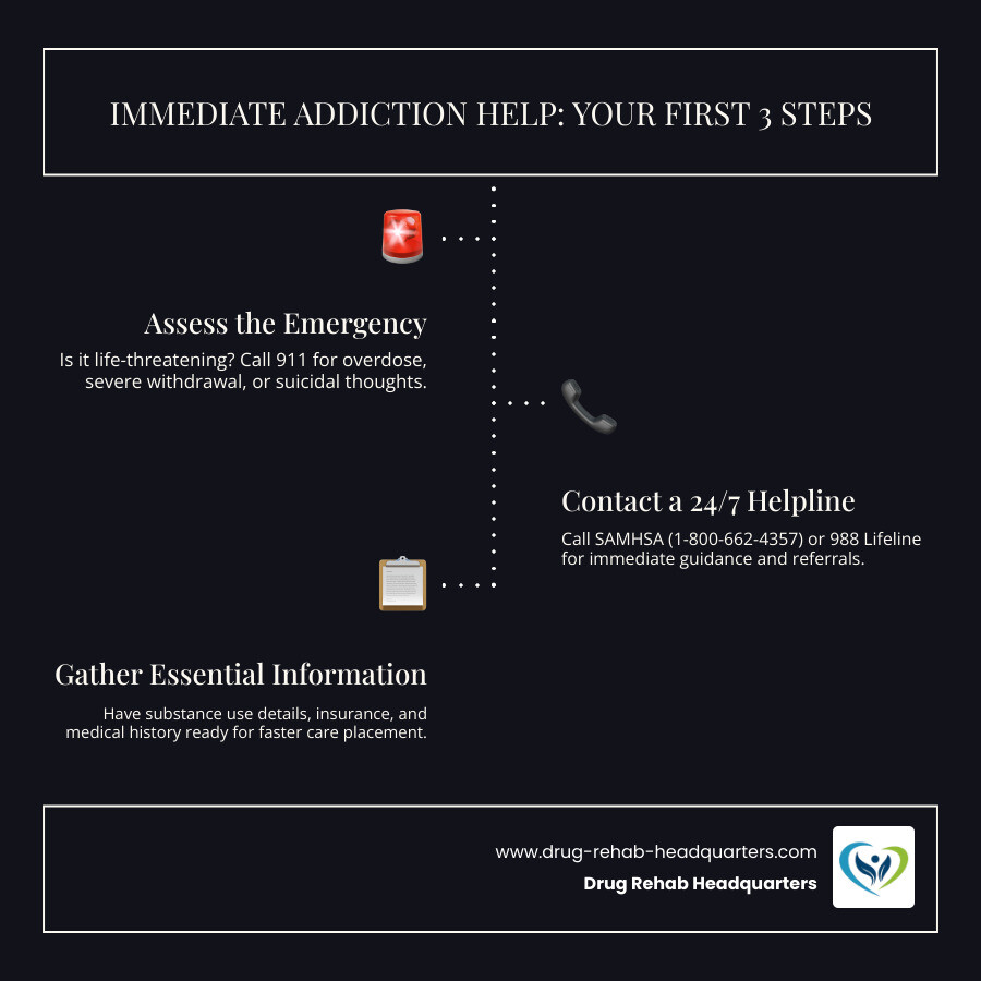 infographic showing three critical steps in addiction crisis - immediate addiction help infographic infographic-line-3-steps-dark