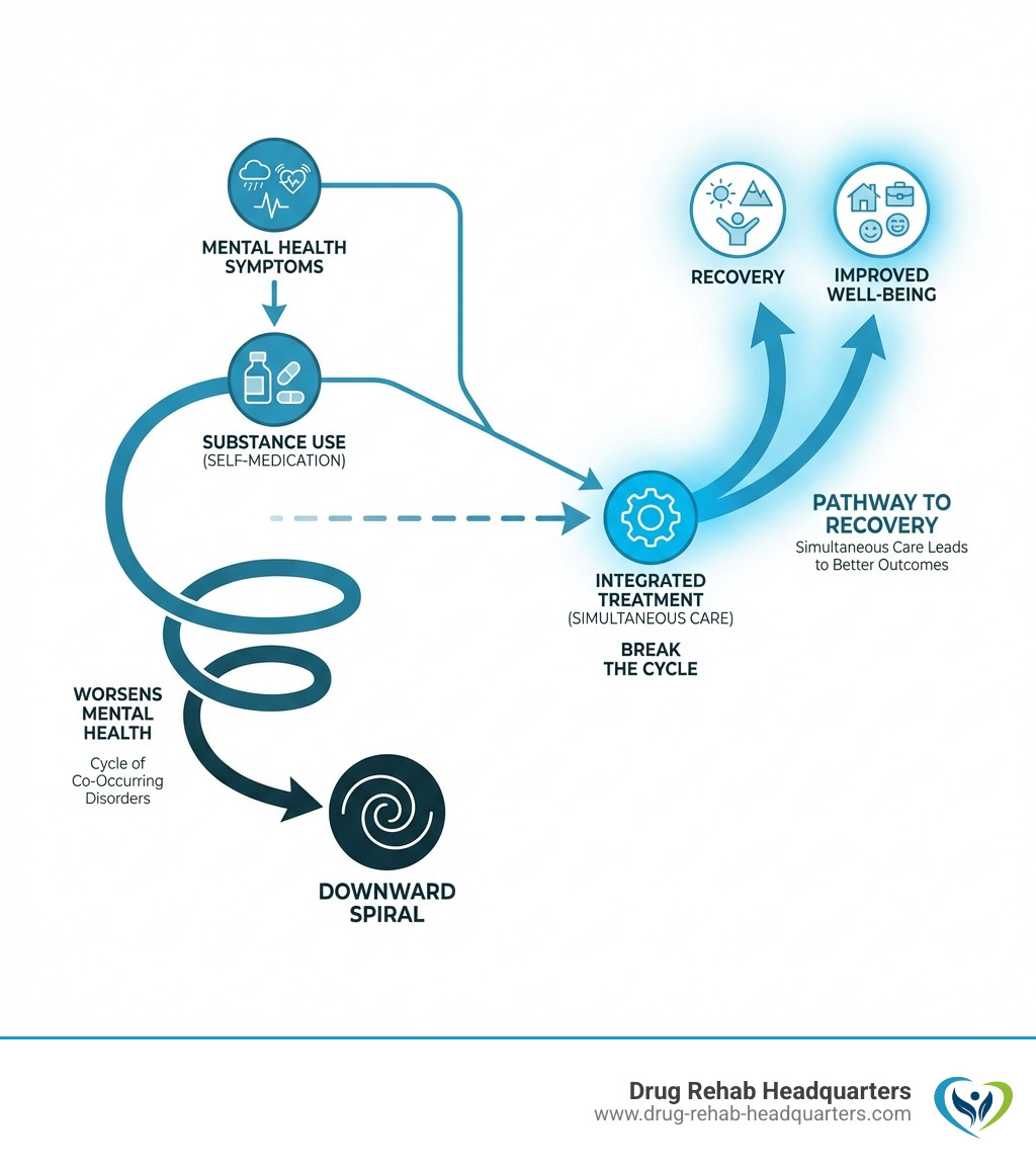 infographic showing the interconnected cycle of co-occurring disorders with mental health symptoms leading to substance use as self-medication, which then worsens mental health symptoms, creating a downward spiral, alongside a parallel pathway showing integrated treatment breaking this cycle through simultaneous care leading to recovery - Co-occurring disorder treatment infographic 