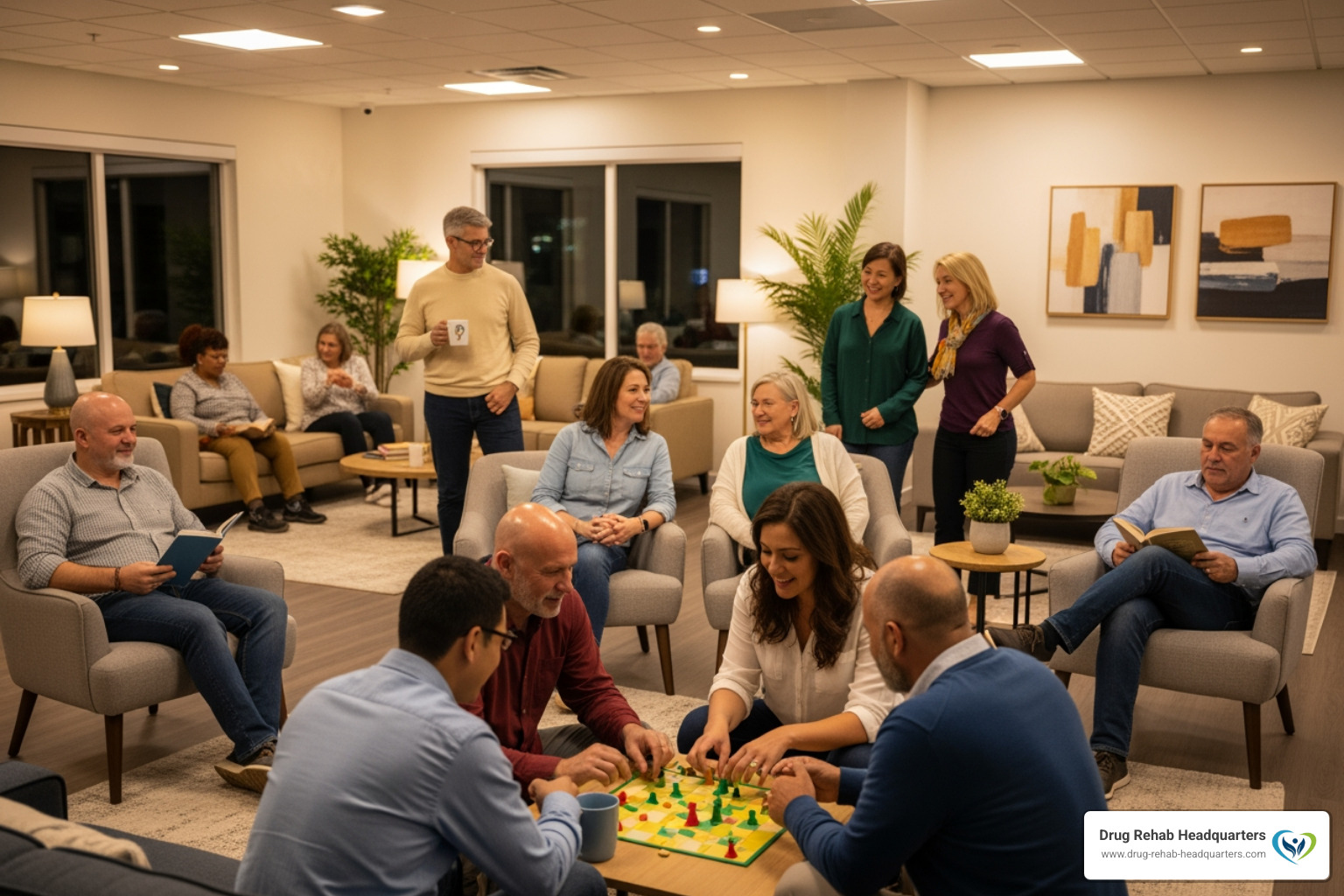 supportive group of people in a common area of a rehab center - inpatient addiction recovery