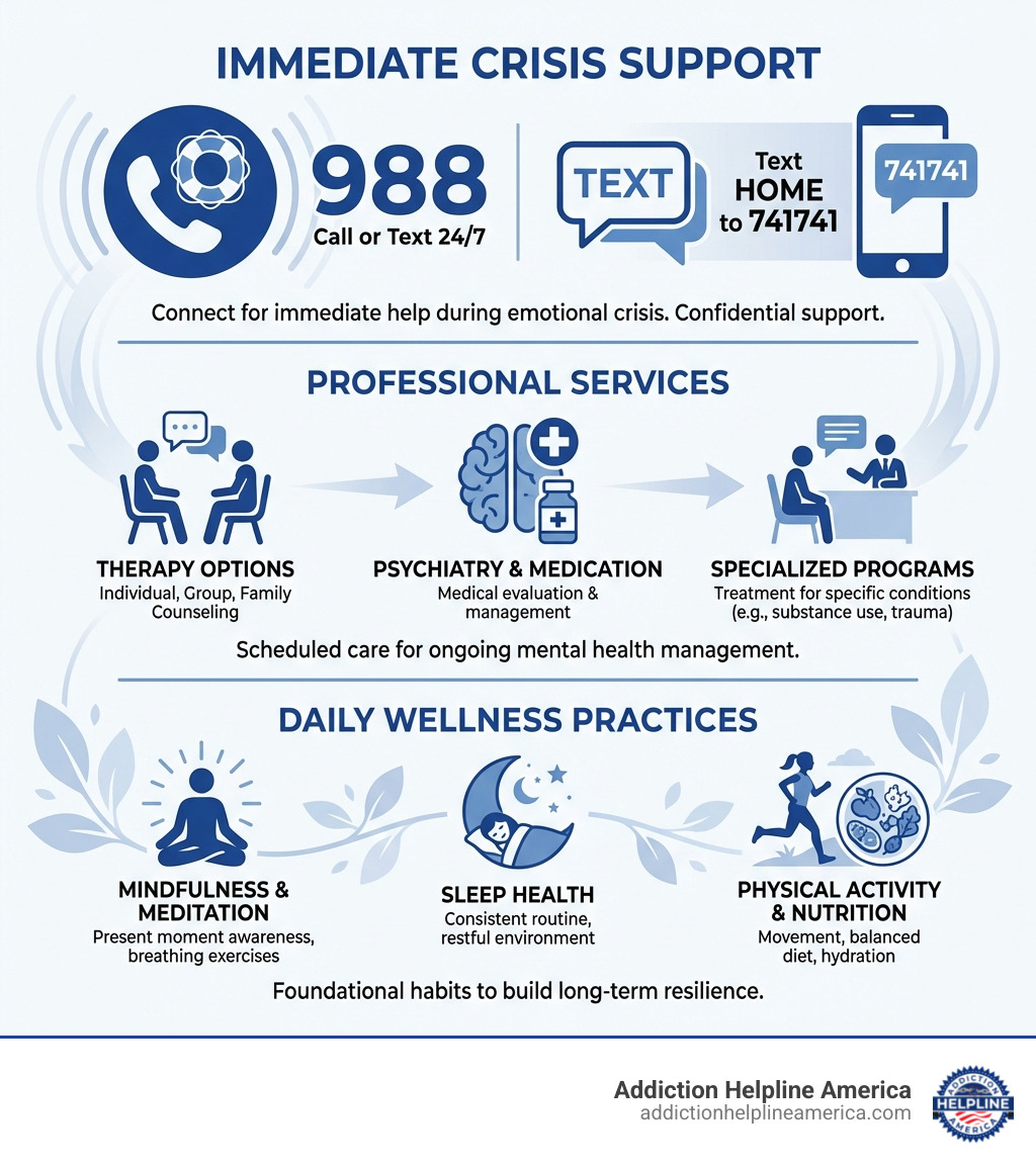 infographic showing mental wellness resources organized by urgency level: immediate crisis support at top with 988 and crisis text line, professional services in middle with therapy and psychiatry options, and daily wellness practices at bottom including mindfulness and sleep health - mental wellness resources infographic infographic showing mental wellness resources organized by urgency level: immediate crisis support at top with 988 and crisis text line, professional services in middle with therapy and psychiatry options, and daily wellness practices at bottom including mindfulness and sleep health - mental wellness resources infographic