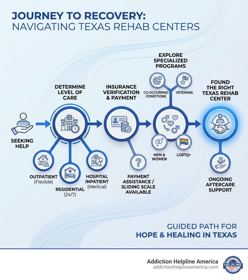 infographic showing the journey from seeking help for addiction to finding the right Texas rehab center, including key decision points like level of care needed, insurance verification, specialized programs, and ongoing aftercare support - rehab centers texas infographic infographic showing the journey from seeking help for addiction to finding the right Texas rehab center, including key decision points like level of care needed, insurance verification, specialized programs, and ongoing aftercare support - rehab centers texas infographic