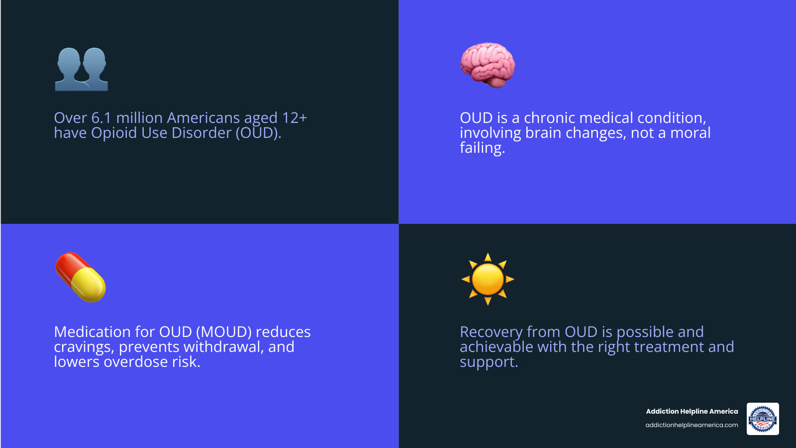 Comprehensive overview of opiate addiction treatment options including MOUD medications (methadone, buprenorphine, naltrexone), counseling approaches (CBT, group therapy, family therapy), treatment settings (outpatient, residential, hospital-based), and access resources with statistics showing over 6.1 million Americans affected by OUD and the effectiveness of combined medication and therapy approaches - opiate addiction treatment infographic 4_facts_emoji_blue Comprehensive overview of opiate addiction treatment options including MOUD medications (methadone, buprenorphine, naltrexone), counseling approaches (CBT, group therapy, family therapy), treatment settings (outpatient, residential, hospital-based), and access resources with statistics showing over 6.1 million Americans affected by OUD and the effectiveness of combined medication and therapy approaches - opiate addiction treatment infographic 4_facts_emoji_blue