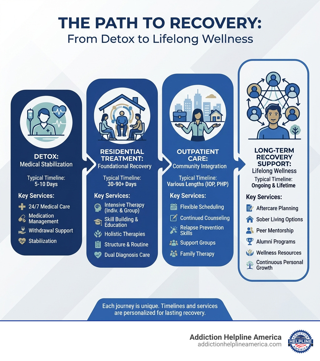 Infographic showing the path from detox through residential treatment, outpatient care, and long-term recovery support, with typical timelines and key services at each stage - detox centers texas infographic Infographic showing the path from detox through residential treatment, outpatient care, and long-term recovery support, with typical timelines and key services at each stage - detox centers texas infographic