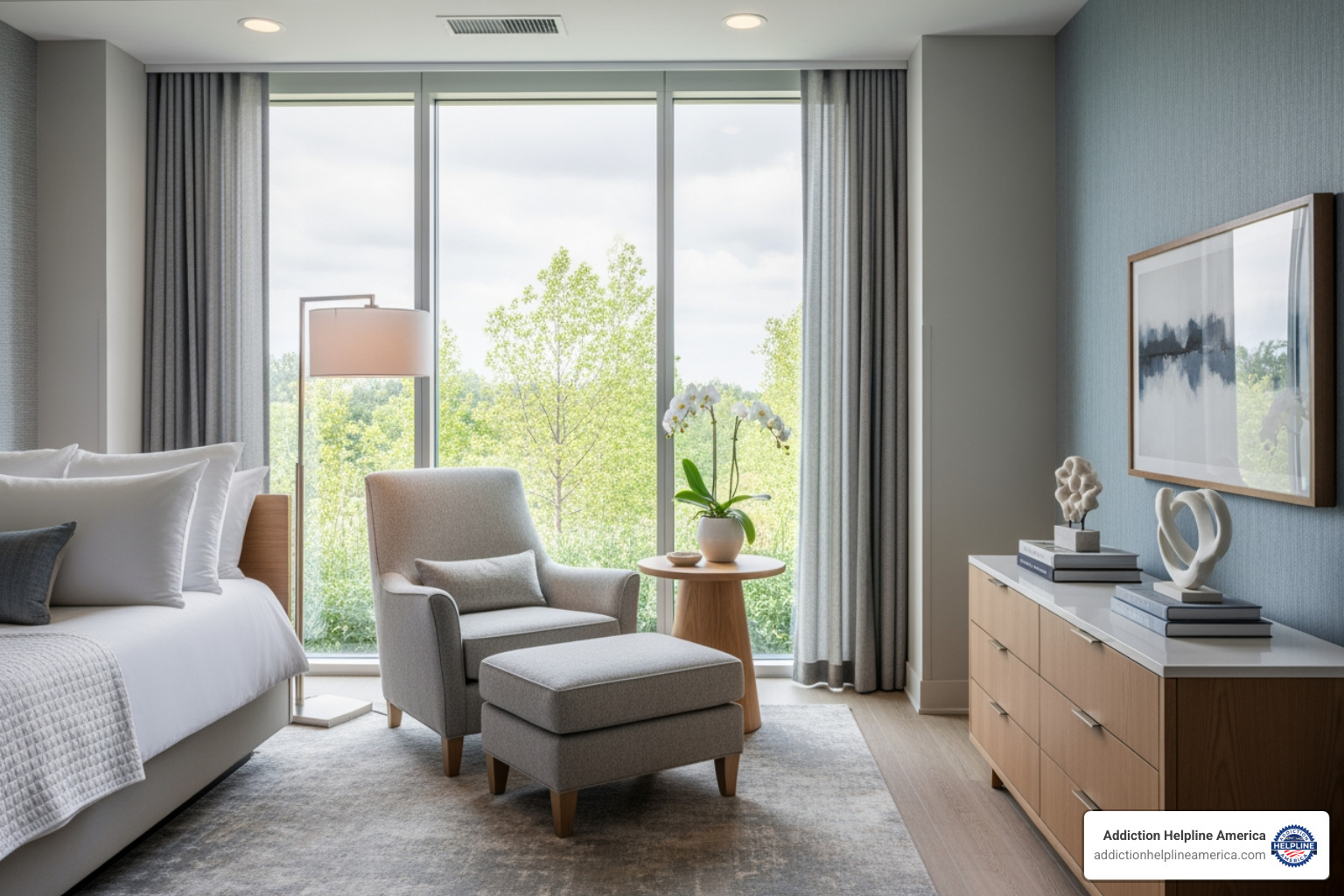 A serene, high-end rehab facility room with comfortable seating, natural light, and a calming atmosphere, illustrating a luxurious and private treatment environment. - executive rehab A serene, high-end rehab facility room with comfortable seating, natural light, and a calming atmosphere, illustrating a luxurious and private treatment environment. - executive rehab