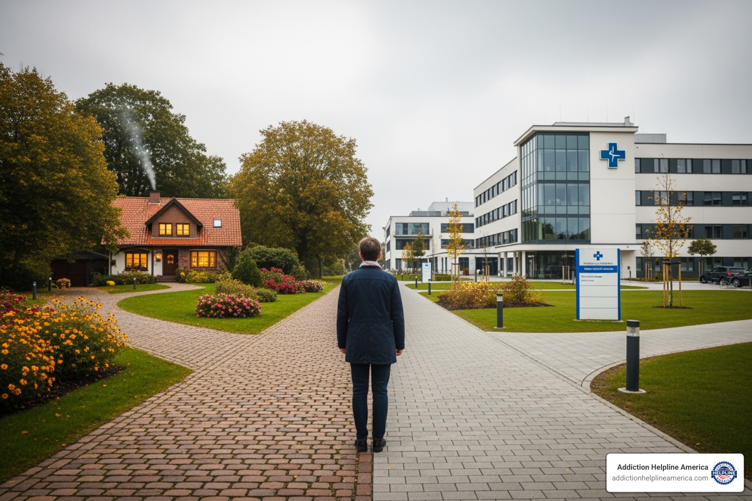 Person at a crossroads, one path leading to a home, the other to a facility - outpatient treatment Person at a crossroads, one path leading to a home, the other to a facility - outpatient treatment