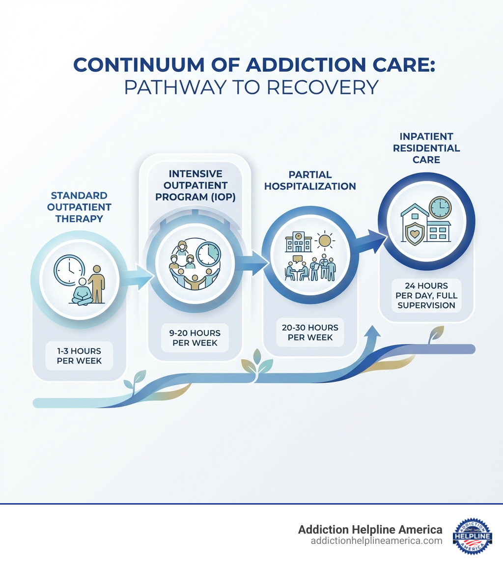 infographic showing the continuum of addiction care from standard outpatient therapy at 1-3 hours per week, to intensive outpatient programs at 9-20 hours per week, to partial hospitalization at 20-30 hours per week, to inpatient residential care at 24 hours per day with full supervision - iop program infographic infographic showing the continuum of addiction care from standard outpatient therapy at 1-3 hours per week, to intensive outpatient programs at 9-20 hours per week, to partial hospitalization at 20-30 hours per week, to inpatient residential care at 24 hours per day with full supervision - iop program infographic