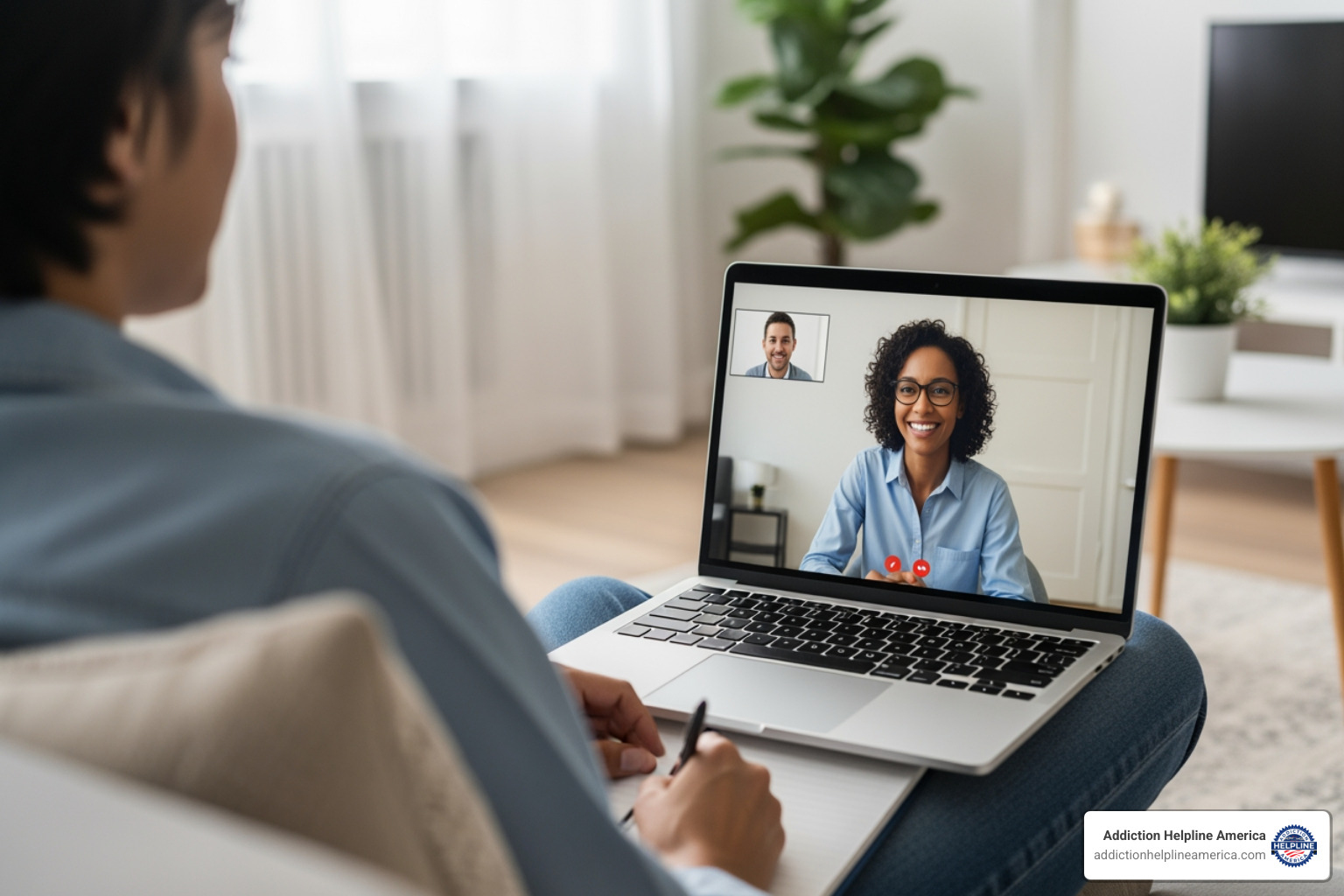 A person sitting comfortably at home, using a laptop for a video therapy session. The screen shows a friendly therapist. - online mental health A person sitting comfortably at home, using a laptop for a video therapy session. The screen shows a friendly therapist. - online mental health