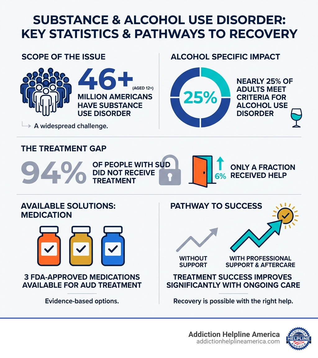 Infographic showing key statistics: 46+ million Americans aged 12+ have substance use disorder, nearly 25% of adults meet criteria for alcohol use disorder, 94% of people with SUD did not receive treatment, 3 FDA-approved medications available for AUD treatment, treatment success improves with professional support and aftercare - alcohol rehab centers infographic 
