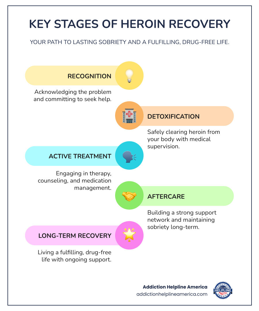 detailed infographic showing the path from heroin addiction through detox, treatment, and recovery with statistics and timeline - heroin rehab infographic infographic-line-5-steps-colors detailed infographic showing the path from heroin addiction through detox, treatment, and recovery with statistics and timeline - heroin rehab infographic infographic-line-5-steps-colors