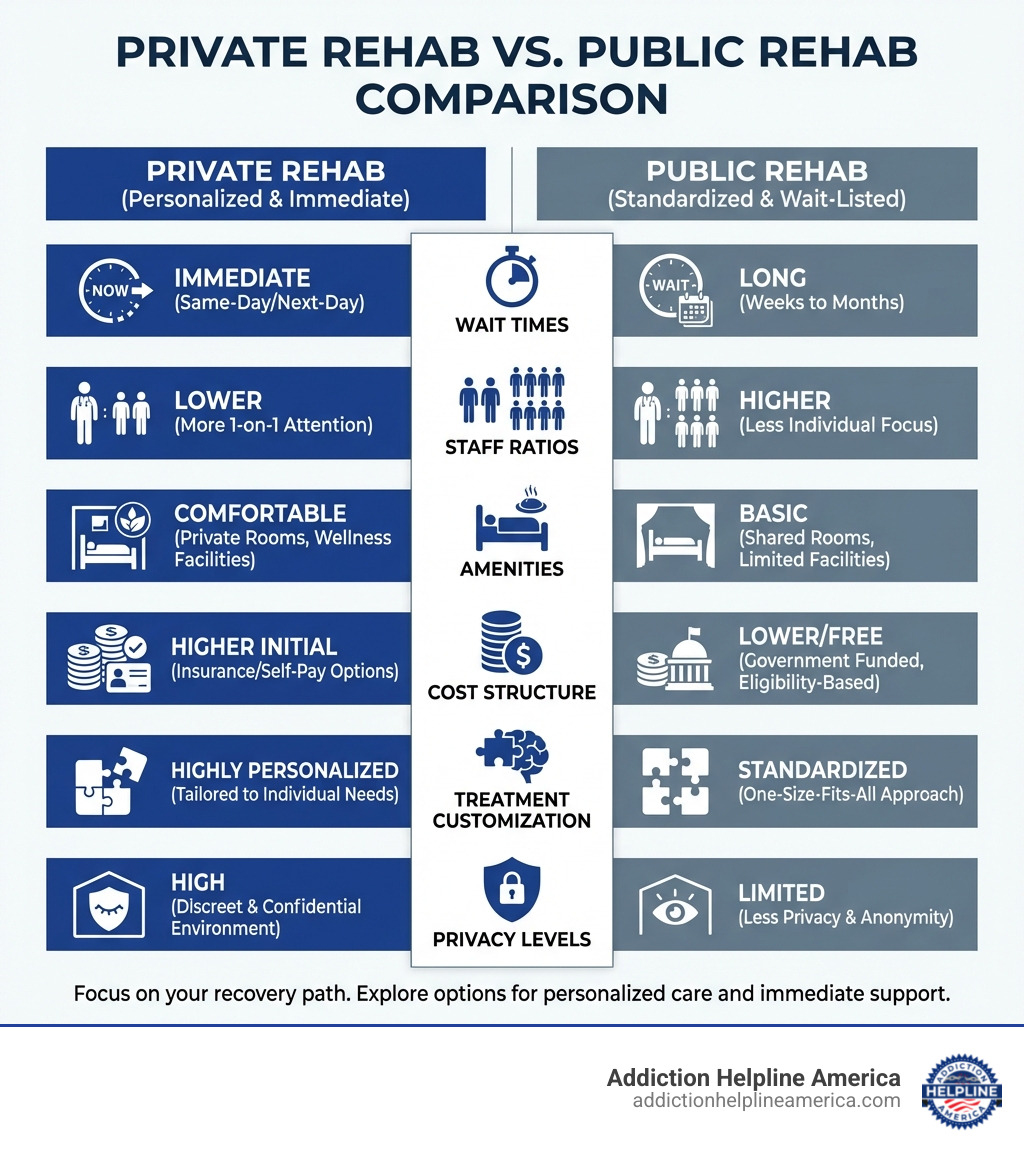 infographic showing private rehab vs public rehab comparison with metrics for wait times, staff ratios, amenities, cost structure, treatment customization, and privacy levels - private rehab infographic infographic showing private rehab vs public rehab comparison with metrics for wait times, staff ratios, amenities, cost structure, treatment customization, and privacy levels - private rehab infographic