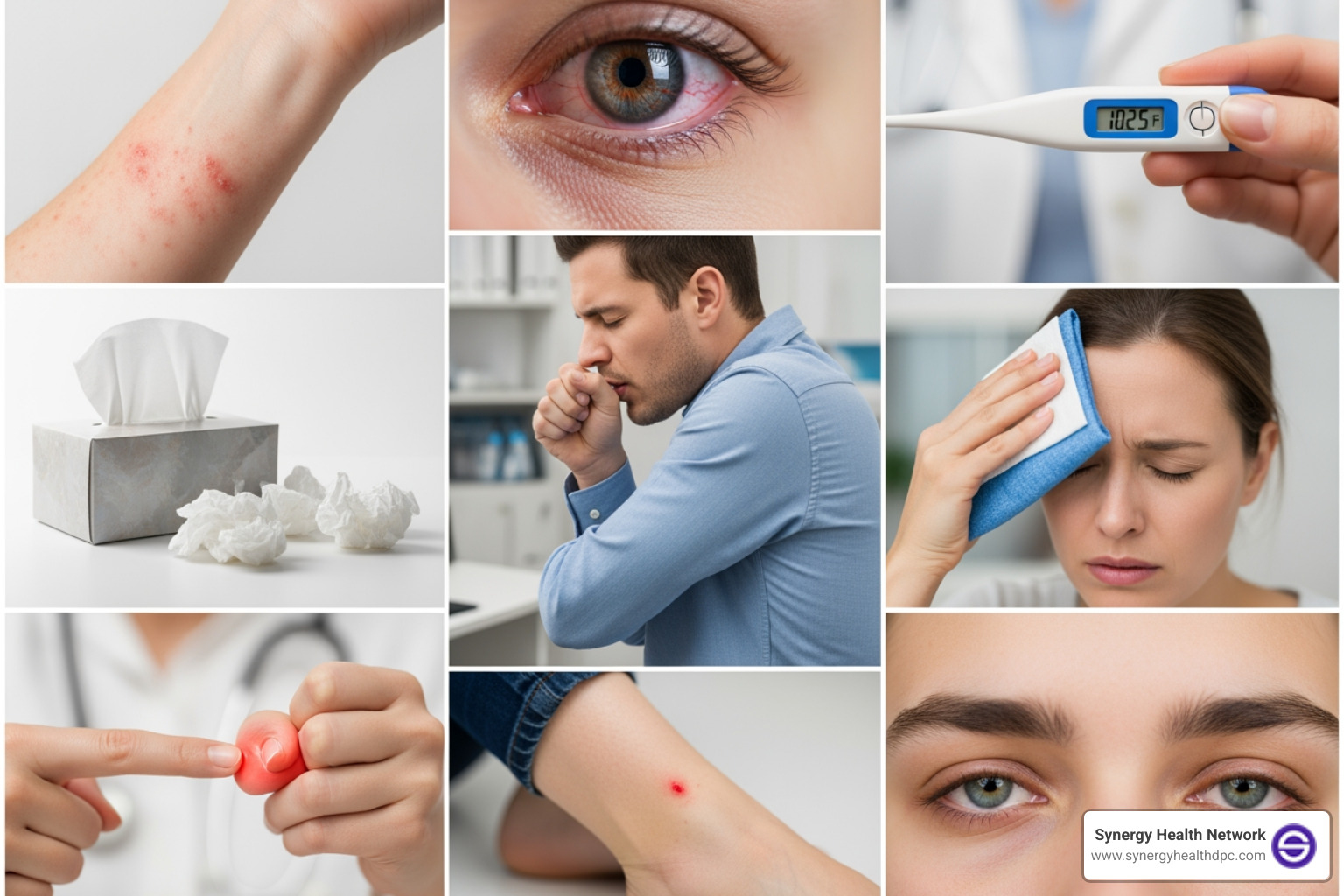 collage of common symptoms like a cough, rash, and pink eye - virtual urgent care