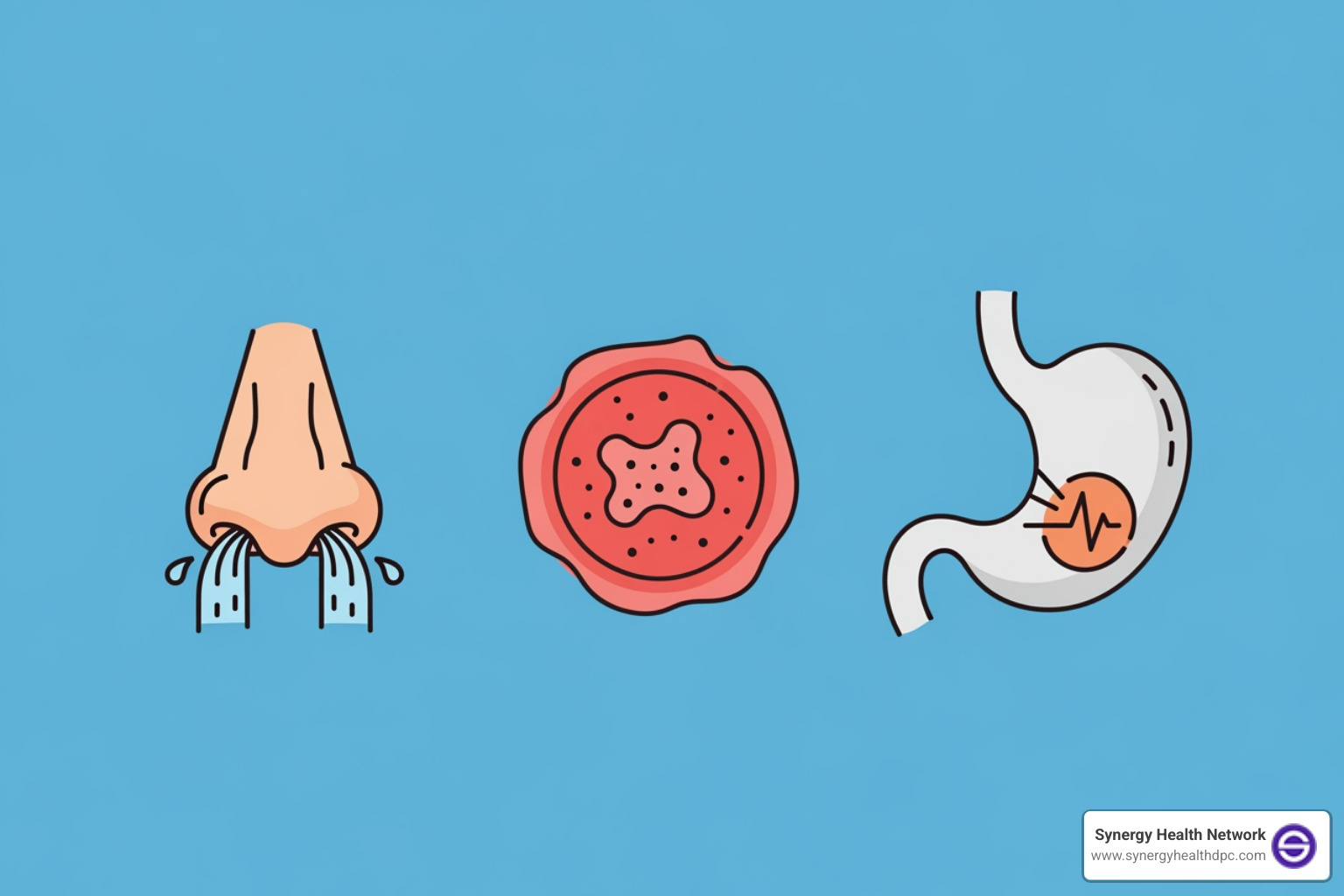 Icons representing different medical conditions like a cold, rash, and stomach ache - affordable virtual doctor