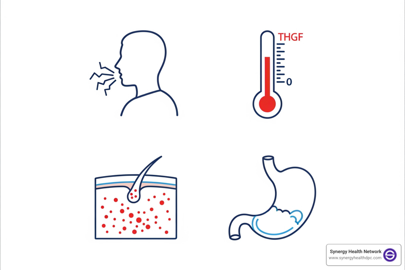 icons representing common treatable conditions like a cough, a thermometer, a skin rash, and a stomach - urgent care video call