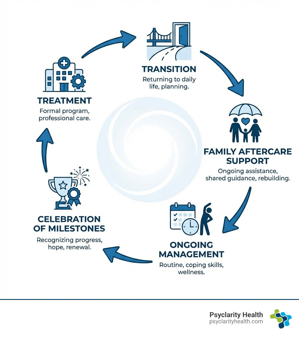 infographic showing the recovery cycle including treatment, transition, family aftercare support, ongoing management, and celebration of milestones with arrows connecting each phase - Family aftercare support infographic 