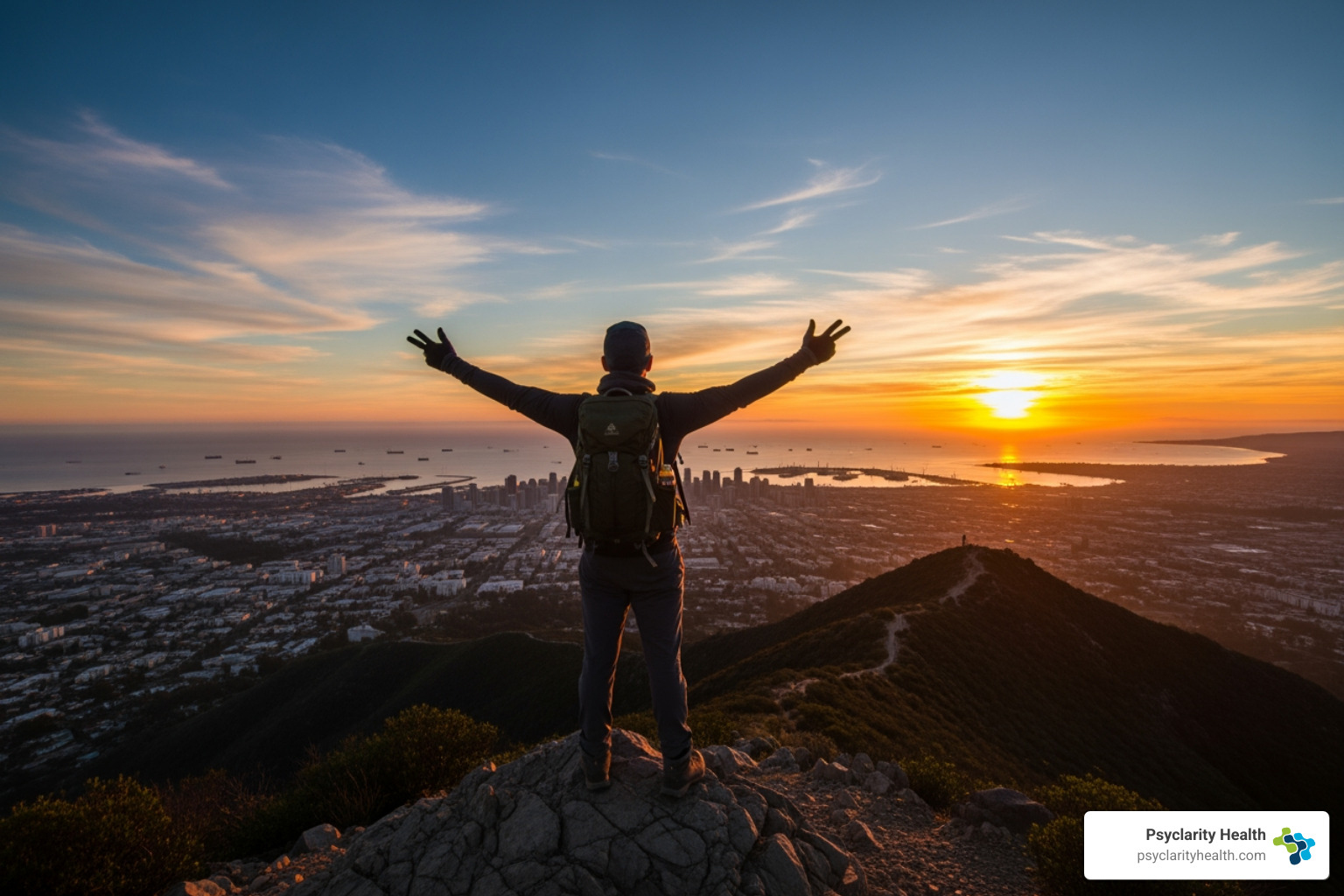 A person successfully reaching a summit in the San Diego mountains, symbolizing overcoming challenges - cognitive behavioral therapy San Diego A person successfully reaching a summit in the San Diego mountains, symbolizing overcoming challenges - cognitive behavioral therapy San Diego