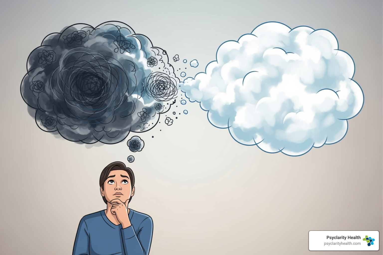 Illustration of a person changing a negative thought bubble (e.g., "I'm a failure") into a positive, realistic one (e.g., "I made a mistake, but I can learn from it") - cognitive behavioral therapy San Diego Illustration of a person changing a negative thought bubble (e.g., "I'm a failure") into a positive, realistic one (e.g., "I made a mistake, but I can learn from it") - cognitive behavioral therapy San Diego