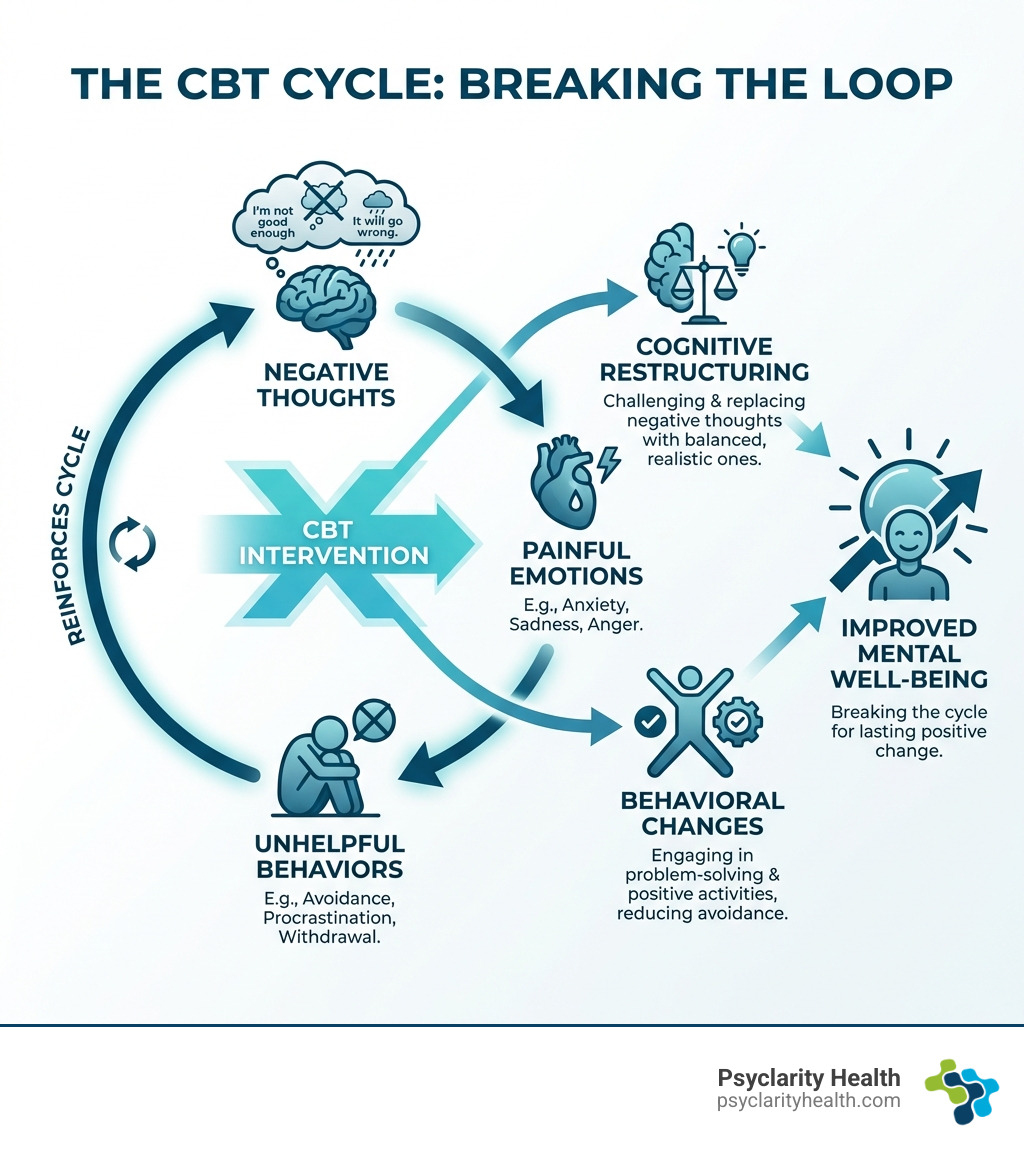 infographic showing the CBT cycle: negative thoughts lead to painful emotions, which trigger unhelpful behaviors, which reinforce negative thoughts, and how CBT interrupts this cycle through cognitive restructuring and behavioral changes - cognitive behavioral therapy San Diego infographic 