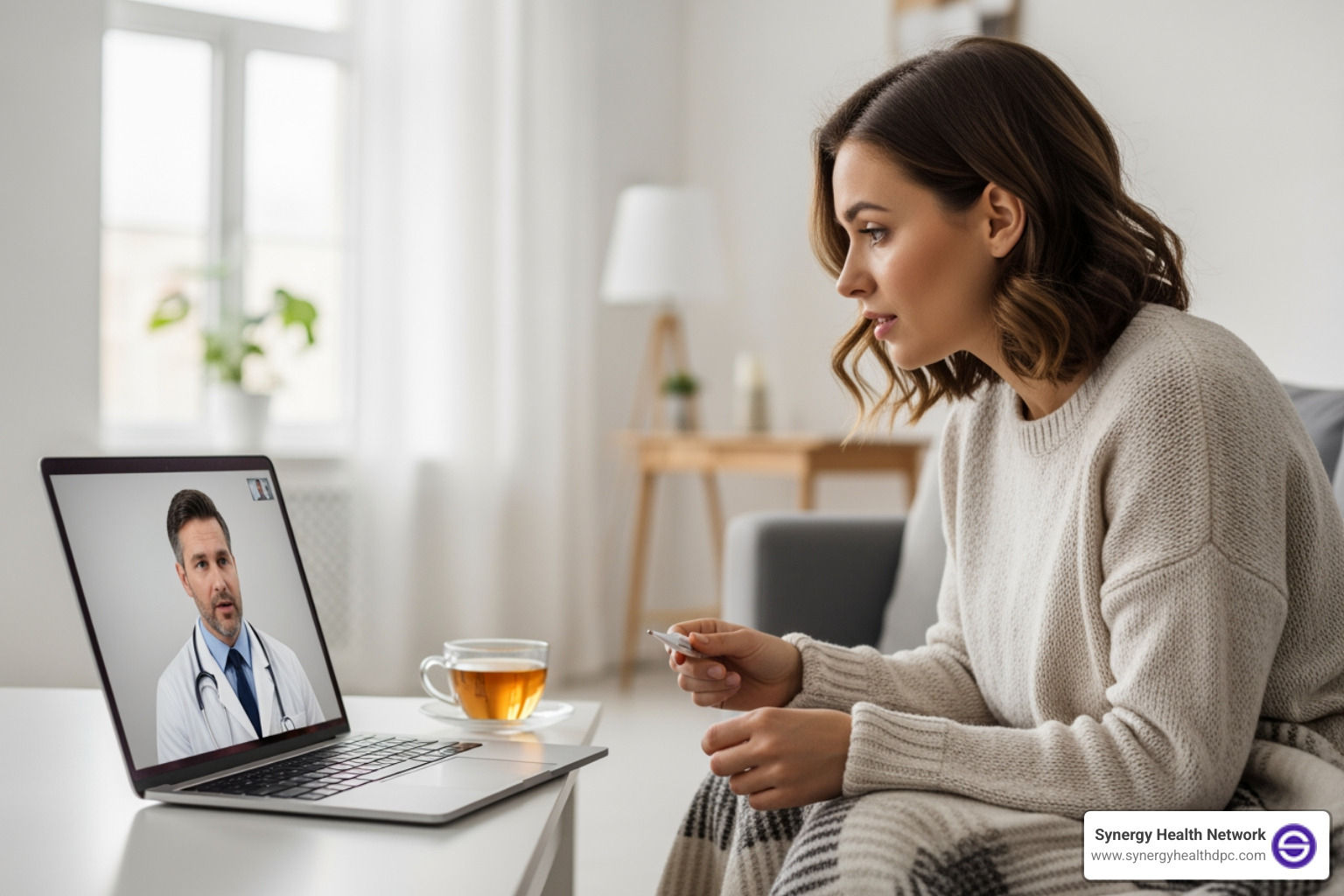 person's desk setup for a virtual visit: laptop, notepad, and a list of symptoms - urgent care video call