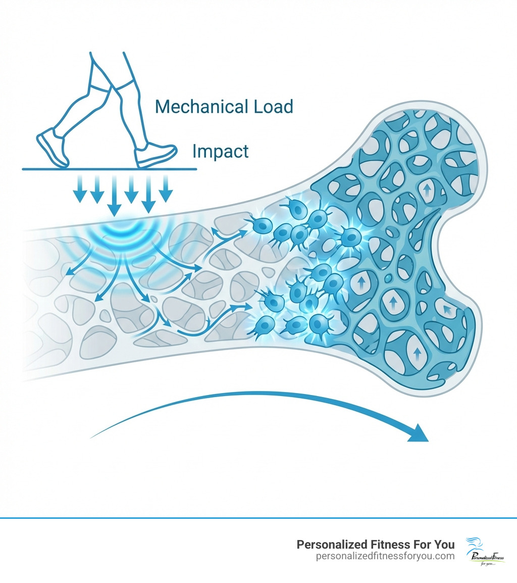 infographic showing how bone cells respond to weight-bearing impact with arrows indicating mechanical load stimulating bone-building cells and increasing bone density over time - weight bearing activities for osteoporosis infographic infographic showing how bone cells respond to weight-bearing impact with arrows indicating mechanical load stimulating bone-building cells and increasing bone density over time - weight bearing activities for osteoporosis infographic