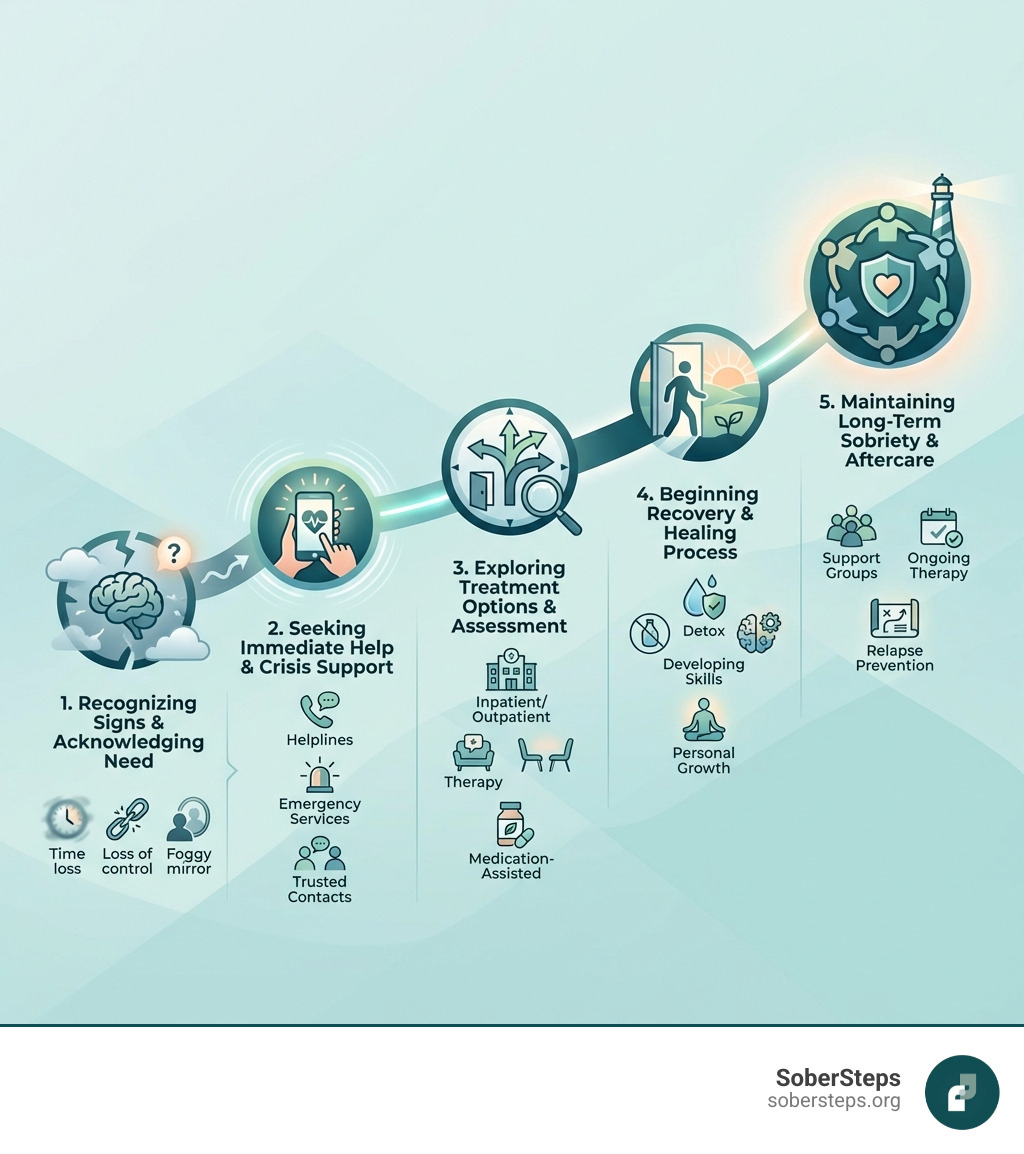 Infographic showing the path from recognizing addiction signs to seeking immediate help, finding treatment options, beginning recovery, and maintaining long-term sobriety with support groups and aftercare - help for drug users infographic Infographic showing the path from recognizing addiction signs to seeking immediate help, finding treatment options, beginning recovery, and maintaining long-term sobriety with support groups and aftercare - help for drug users infographic