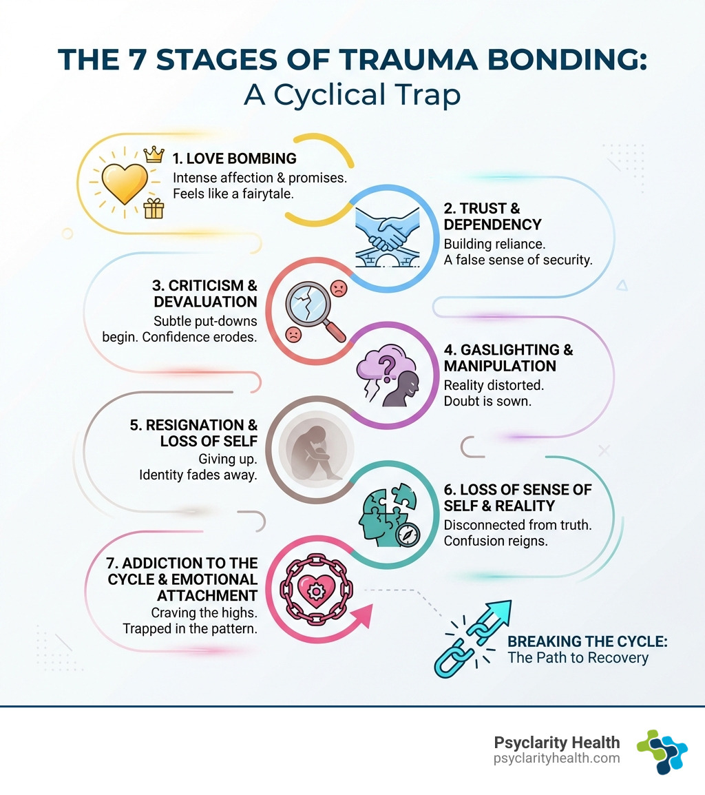 Infographic showing the seven stages of trauma bonding: 1) Love bombing with intense affection and promises, 2) Trust and dependency building, 3) Criticism and devaluation beginning, 4) Gaslighting and manipulation tactics, 5) Resignation and loss of self, 6) Loss of sense of self and reality, 7) Addiction to the cycle and emotional attachment - how to break a trauma bond after a breakup infographic 