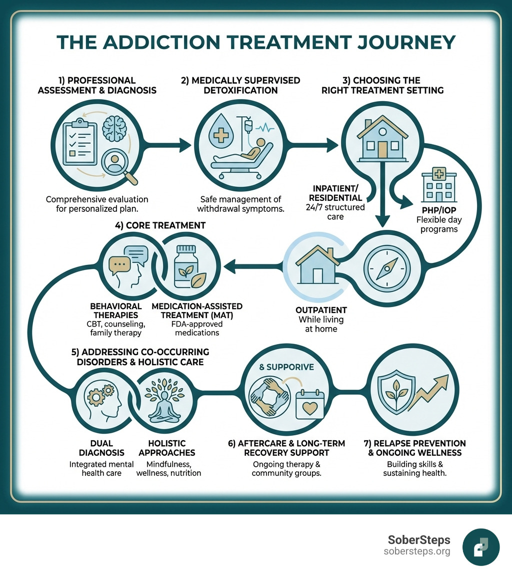 Infographic showing the addiction treatment journey: 1) Professional Assessment and Diagnosis, 2) Medically Supervised Detoxification, 3) Choosing the Right Treatment Setting (Inpatient, Residential, PHP, IOP, Outpatient), 4) Core Treatment (Behavioral Therapies and Medication-Assisted Treatment), 5) Addressing Co-Occurring Disorders and Holistic Care, 6) Aftercare and Long-Term Recovery Support, 7) Relapse Prevention and Ongoing Wellness - how is addiction treated infographic 