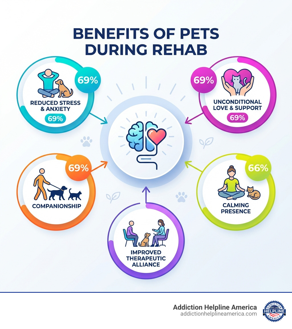 Infographic showing benefits of pets during rehab including reduced stress and anxiety (69%), unconditional love and support (69%), companionship (69%), calming presence (66%), and improved therapeutic alliance, with icons of dogs and cats alongside recovery-related imagery - drug rehabs that allow pets infographic Infographic showing benefits of pets during rehab including reduced stress and anxiety (69%), unconditional love and support (69%), companionship (69%), calming presence (66%), and improved therapeutic alliance, with icons of dogs and cats alongside recovery-related imagery - drug rehabs that allow pets infographic