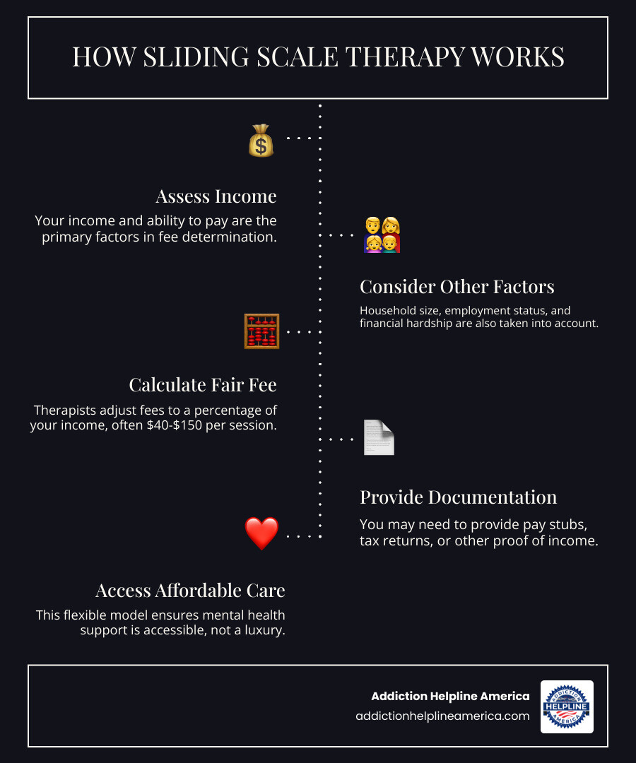Infographic showing how sliding scale therapy works: A visual chart displaying income levels on the left (from low to high) with corresponding therapy session fees on the right (from $40 to $150), connected by arrows. The middle shows factors considered: household size, employment status, and financial obligations. Icons represent different income brackets, and the color gradient moves from warm (affordable) to cool (standard rate). - Sliding scale therapy infographic infographic-line-5-steps-dark Infographic showing how sliding scale therapy works: A visual chart displaying income levels on the left (from low to high) with corresponding therapy session fees on the right (from $40 to $150), connected by arrows. The middle shows factors considered: household size, employment status, and financial obligations. Icons represent different income brackets, and the color gradient moves from warm (affordable) to cool (standard rate). - Sliding scale therapy infographic infographic-line-5-steps-dark
