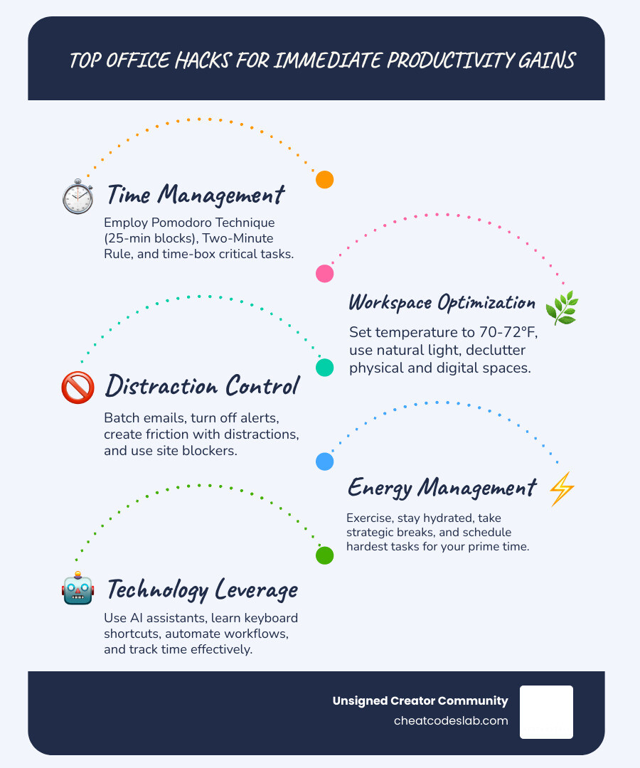infographic showing three columns: 'Time Hacks' listing Pomodoro Technique and Time Blocking, 'Space Hacks' showing optimal temperature and natural light benefits, and 'Focus Hacks' displaying email batching and notification management strategies, with key statistics for each - office hacks for productivity infographic infographic-line-5-steps-blues-accent_colors infographic showing three columns: 'Time Hacks' listing Pomodoro Technique and Time Blocking, 'Space Hacks' showing optimal temperature and natural light benefits, and 'Focus Hacks' displaying email batching and notification management strategies, with key statistics for each - office hacks for productivity infographic infographic-line-5-steps-blues-accent_colors