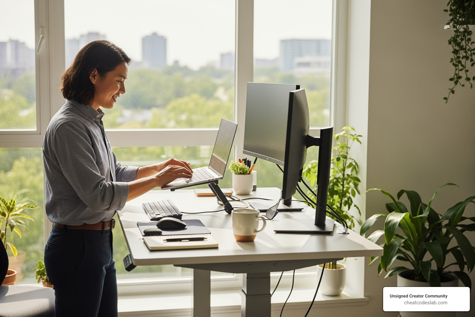 A person energetically working at a standing desk near a window - office hacks for productivity A person energetically working at a standing desk near a window - office hacks for productivity