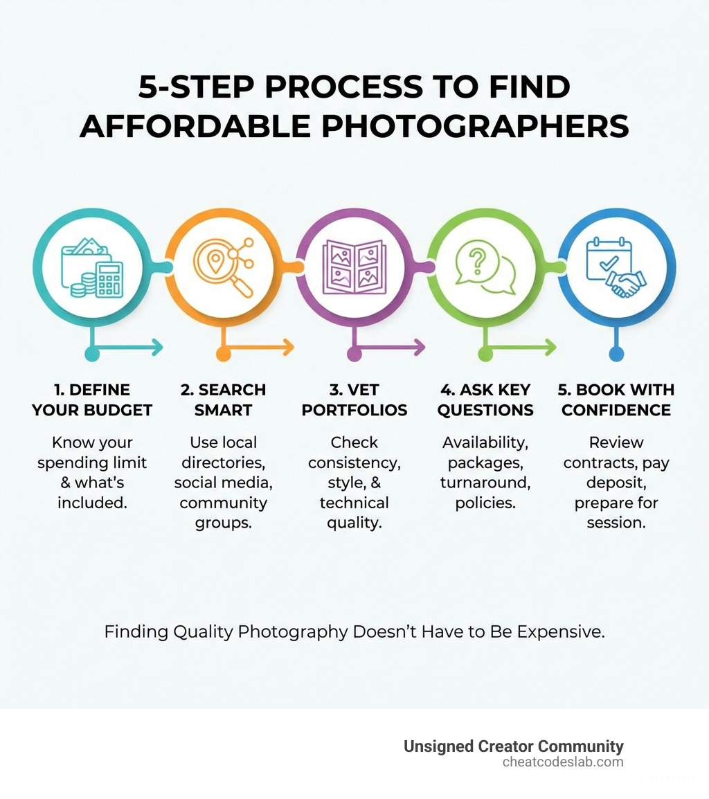 5-step process for finding affordable photographers: 1. Define Your Budget (know your spending limit and what's included), 2. Search Smart (use local directories, social media, community groups), 3. Vet Portfolios (check consistency, style, and technical quality), 4. Ask Key Questions (availability, packages, turnaround, policies), 5. Book with Confidence (review contracts, pay deposit, prepare for session) - affordable photographers near me infographic 5-step process for finding affordable photographers: 1. Define Your Budget (know your spending limit and what's included), 2. Search Smart (use local directories, social media, community groups), 3. Vet Portfolios (check consistency, style, and technical quality), 4. Ask Key Questions (availability, packages, turnaround, policies), 5. Book with Confidence (review contracts, pay deposit, prepare for session) - affordable photographers near me infographic