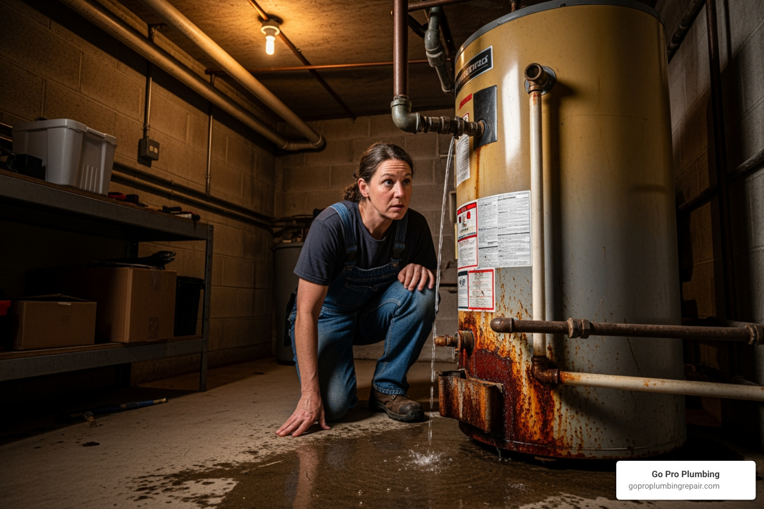 homeowner looking at a rusty, leaking water heater - financing water heater replacement homeowner looking at a rusty, leaking water heater - financing water heater replacement
