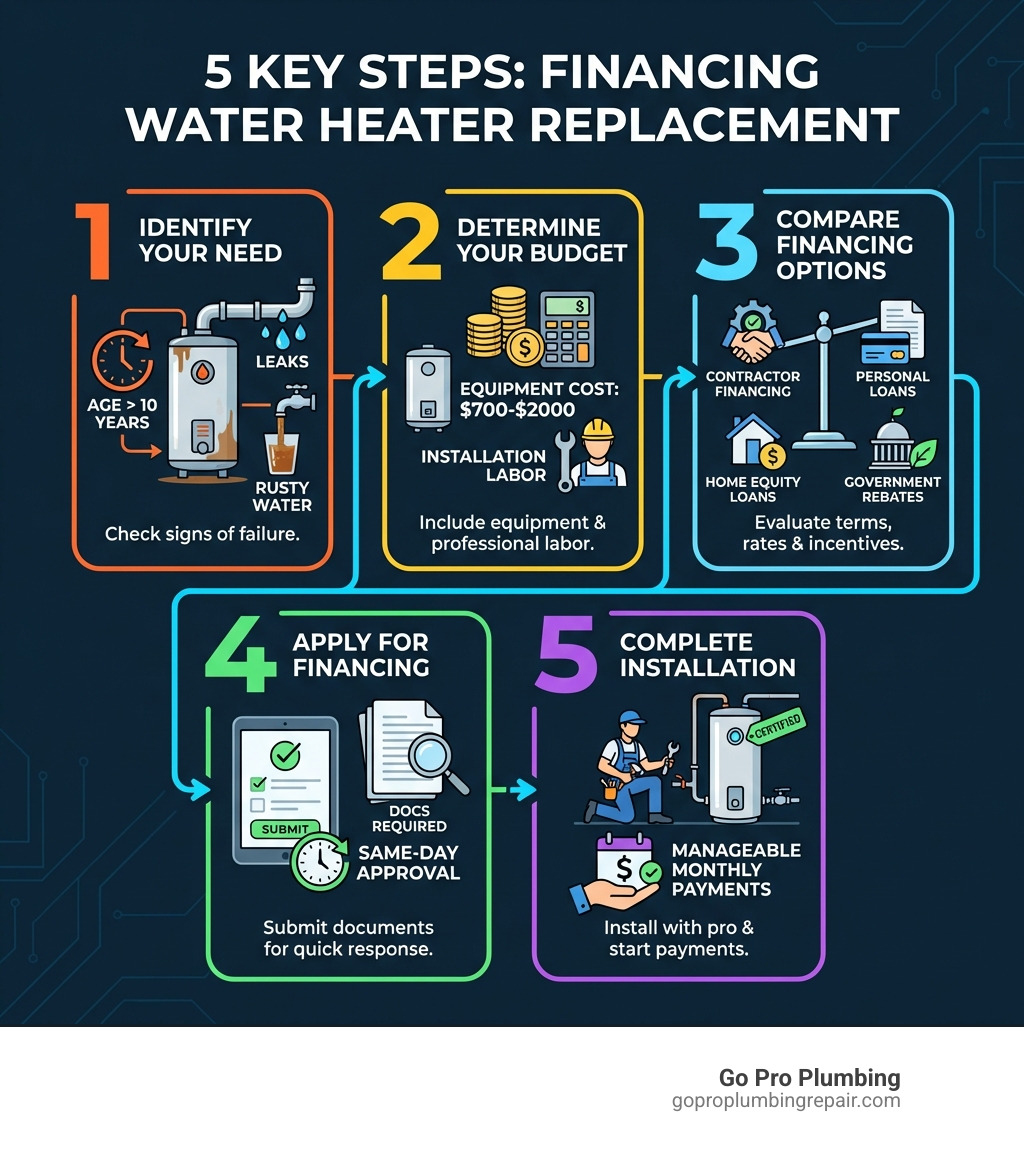 Infographic showing 5 key steps to financing water heater replacement: Step 1 - Identify your need by checking for signs of failure like age over 10 years, leaks, or rusty water. Step 2 - Determine your budget including equipment cost of $700-$2000 and installation labor. Step 3 - Compare financing options including contractor financing, personal loans, home equity loans, and government rebates. Step 4 - Apply for financing with required documents and get same-day approval in many cases. Step 5 - Complete installation with a licensed professional and start making manageable monthly payments. - financing water heater replacement infographic Infographic showing 5 key steps to financing water heater replacement: Step 1 - Identify your need by checking for signs of failure like age over 10 years, leaks, or rusty water. Step 2 - Determine your budget including equipment cost of $700-$2000 and installation labor. Step 3 - Compare financing options including contractor financing, personal loans, home equity loans, and government rebates. Step 4 - Apply for financing with required documents and get same-day approval in many cases. Step 5 - Complete installation with a licensed professional and start making manageable monthly payments. - financing water heater replacement infographic