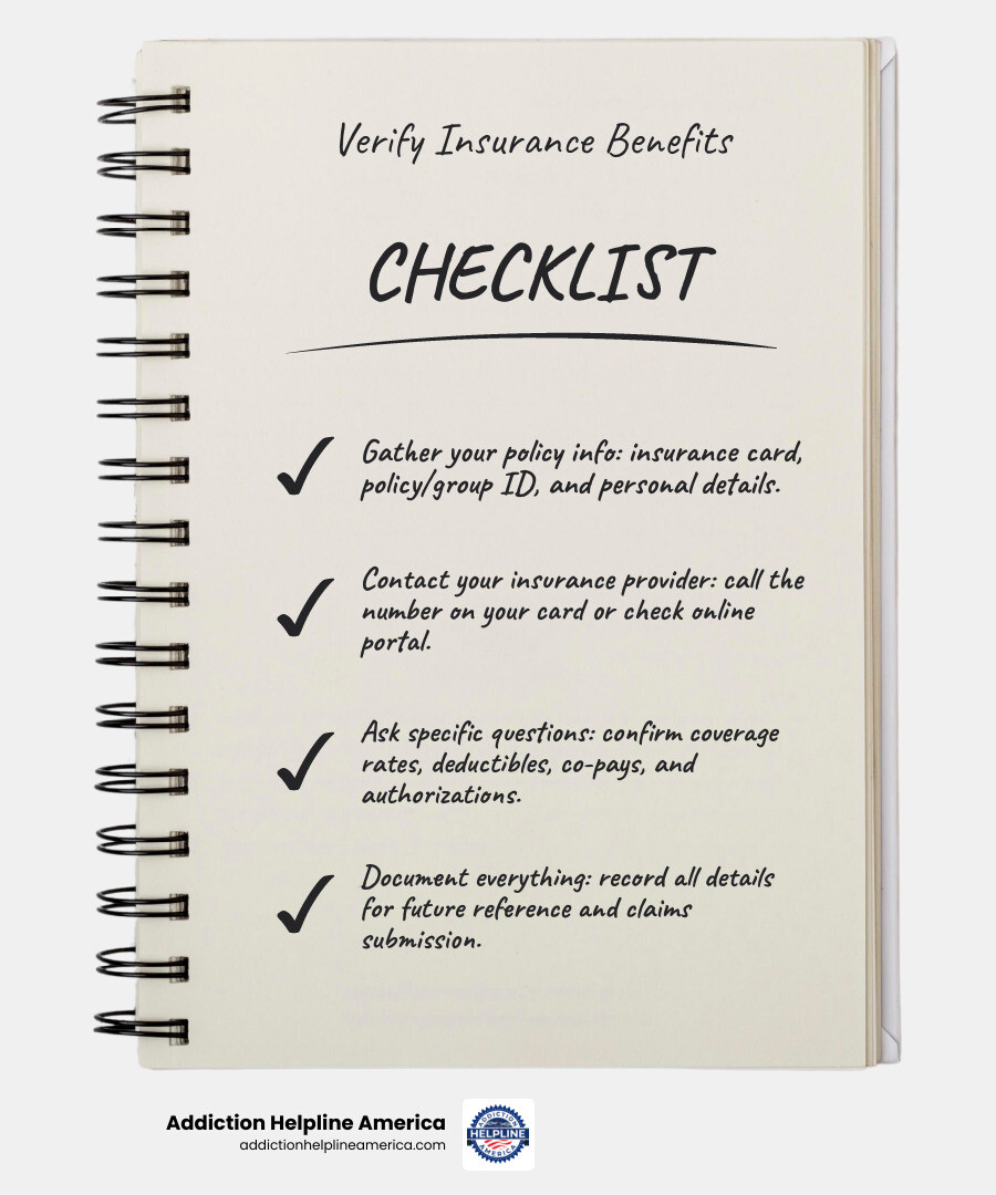 infographic showing the complete process to verify insurance benefits for rehab: Step 1 shows gathering insurance card and policy details, Step 2 displays contacting insurer by phone or portal, Step 3 lists critical questions to ask about coverage and benefits, Step 4 emphasizes documenting all information received - Verify insurance benefits infographic checklist-notebook infographic showing the complete process to verify insurance benefits for rehab: Step 1 shows gathering insurance card and policy details, Step 2 displays contacting insurer by phone or portal, Step 3 lists critical questions to ask about coverage and benefits, Step 4 emphasizes documenting all information received - Verify insurance benefits infographic checklist-notebook