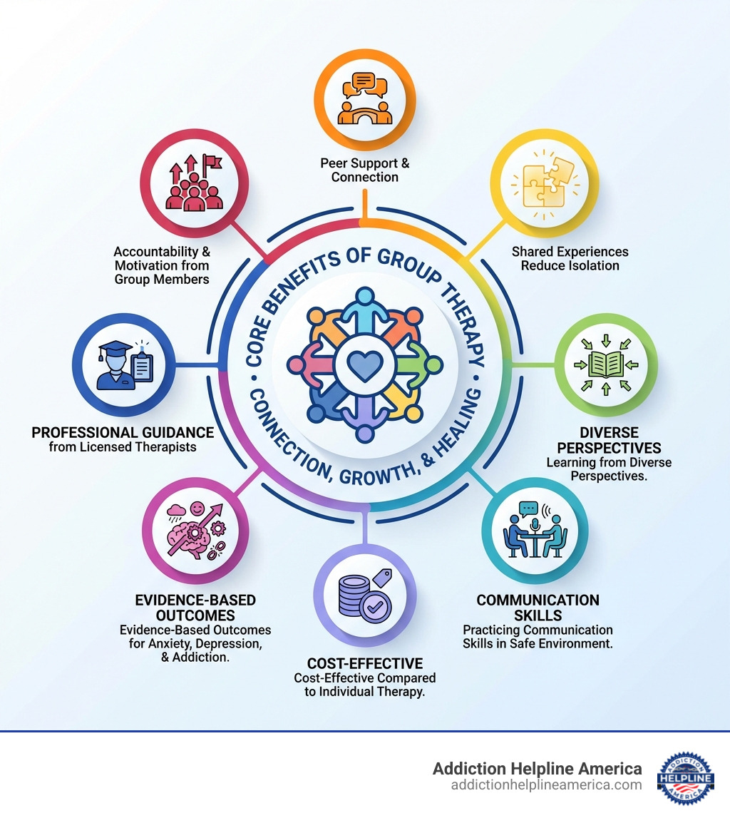 Infographic showing the core benefits of group therapy: peer support and connection, shared experiences reduce isolation, learning from diverse perspectives, practicing communication skills in a safe environment, cost-effective compared to individual therapy, evidence-based outcomes for anxiety depression and addiction, professional guidance from licensed therapists, accountability and motivation from group members - group therapy Omaha infographic Infographic showing the core benefits of group therapy: peer support and connection, shared experiences reduce isolation, learning from diverse perspectives, practicing communication skills in a safe environment, cost-effective compared to individual therapy, evidence-based outcomes for anxiety depression and addiction, professional guidance from licensed therapists, accountability and motivation from group members - group therapy Omaha infographic
