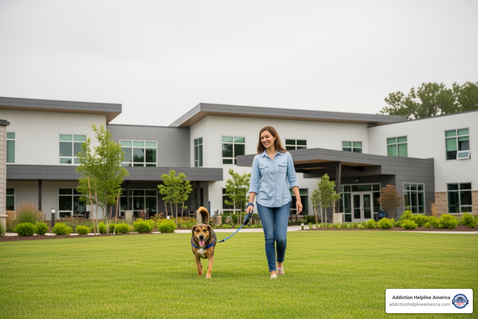 A patient happily walking a dog on the serene, green grounds of a modern treatment facility - pet friendly inpatient depression A patient happily walking a dog on the serene, green grounds of a modern treatment facility - pet friendly inpatient depression