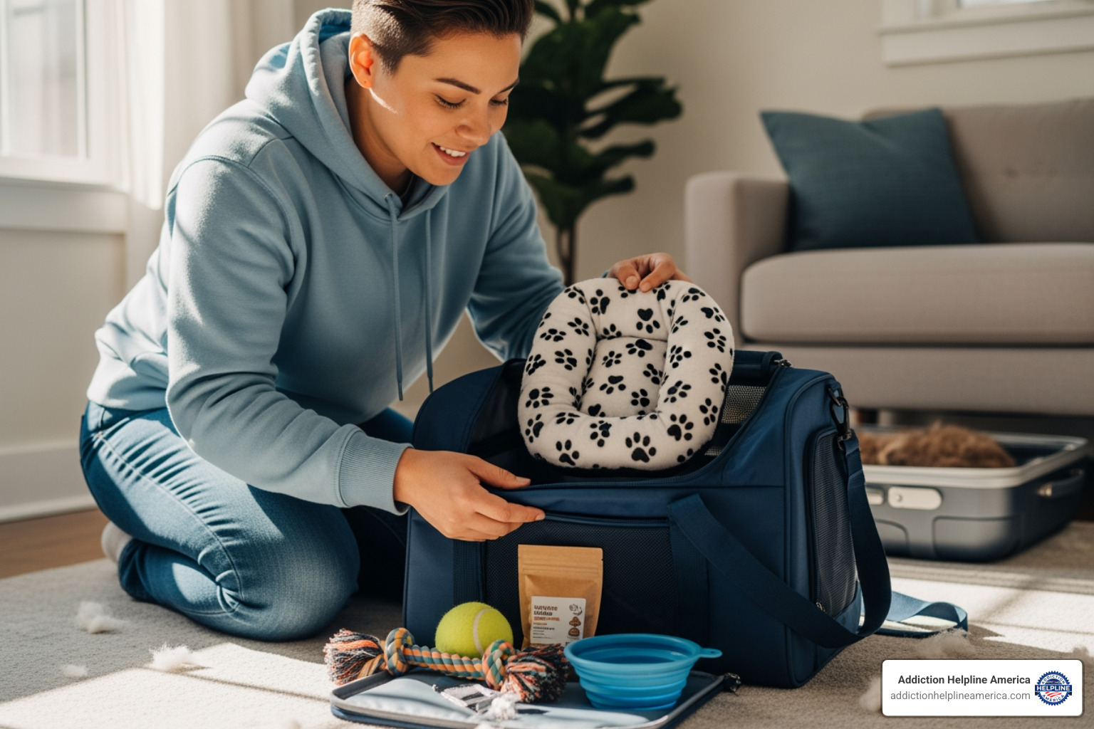 A person packing a bag for their pet, including toys, food, and a small pet bed, symbolizing preparation for a trip - pet friendly inpatient depression A person packing a bag for their pet, including toys, food, and a small pet bed, symbolizing preparation for a trip - pet friendly inpatient depression