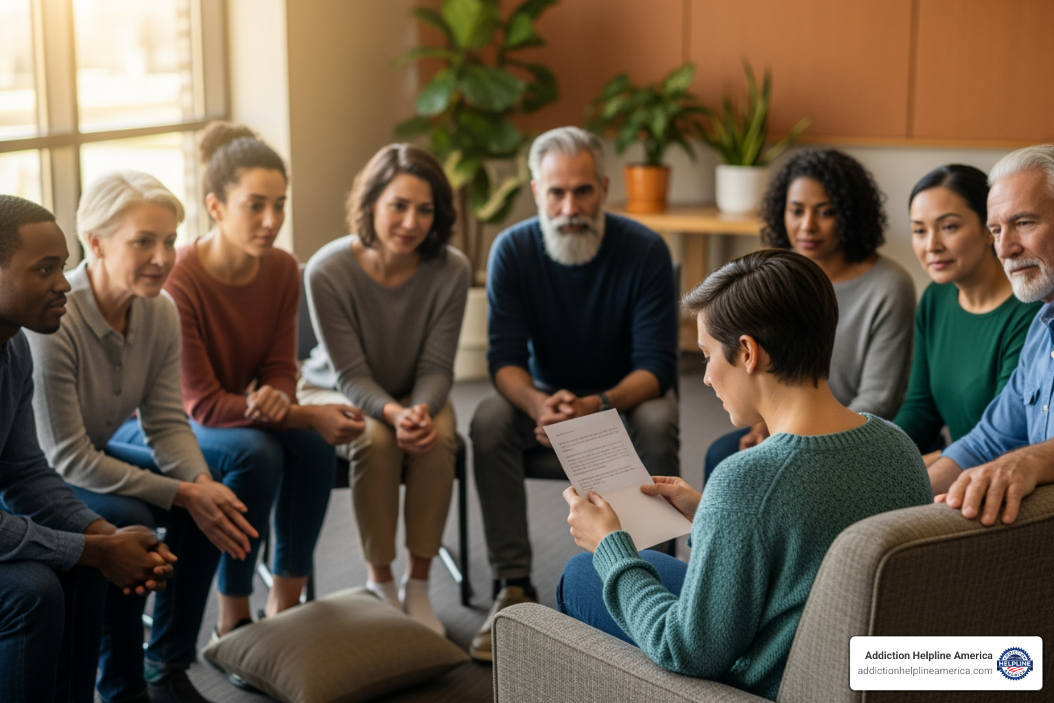 group of people sitting in a circle, one person reading from a letter - how to do a family intervention for mental illness group of people sitting in a circle, one person reading from a letter - how to do a family intervention for mental illness