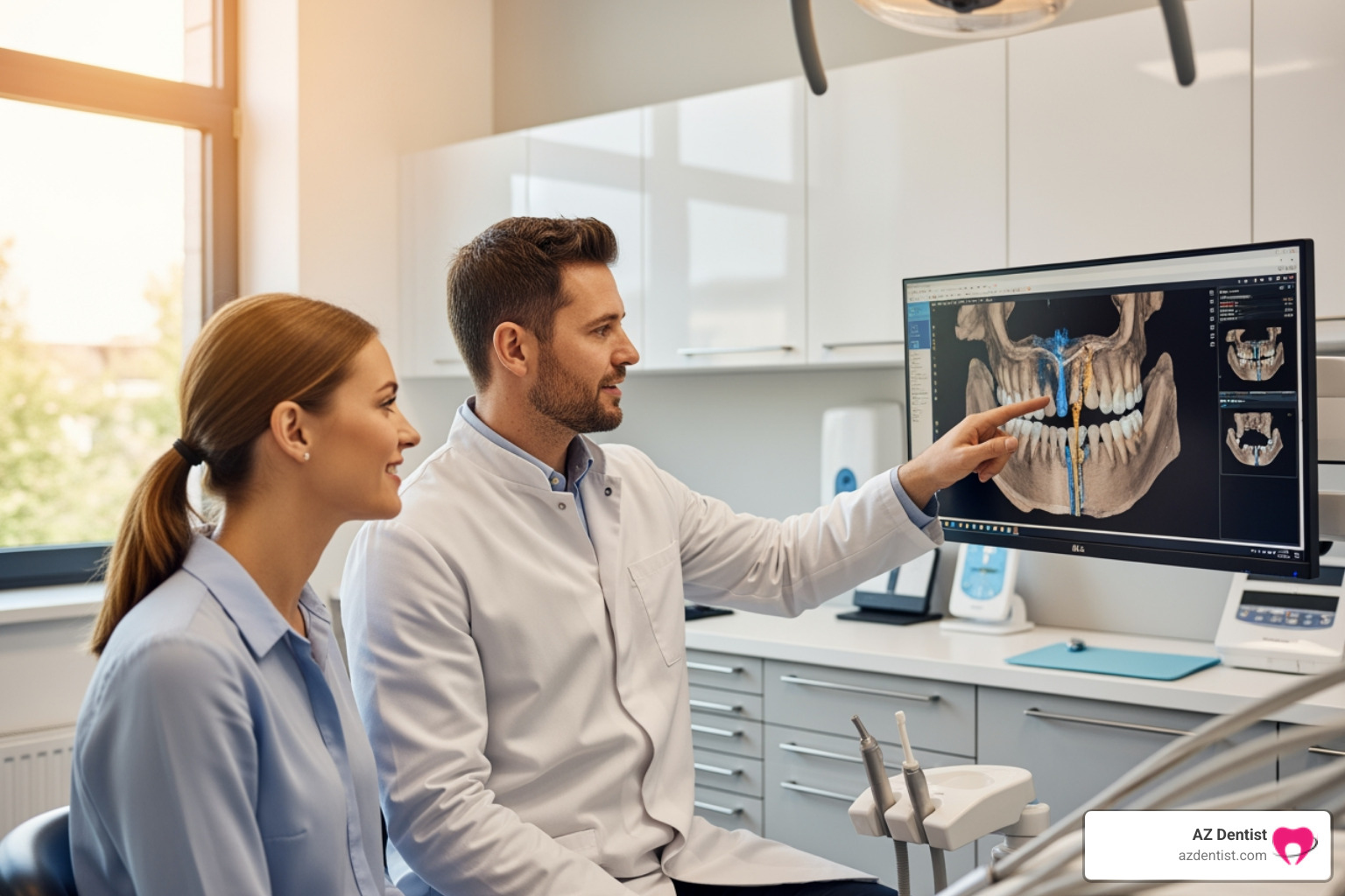 patient viewing 3D scan of jaw with dentist - dental implants Arizona