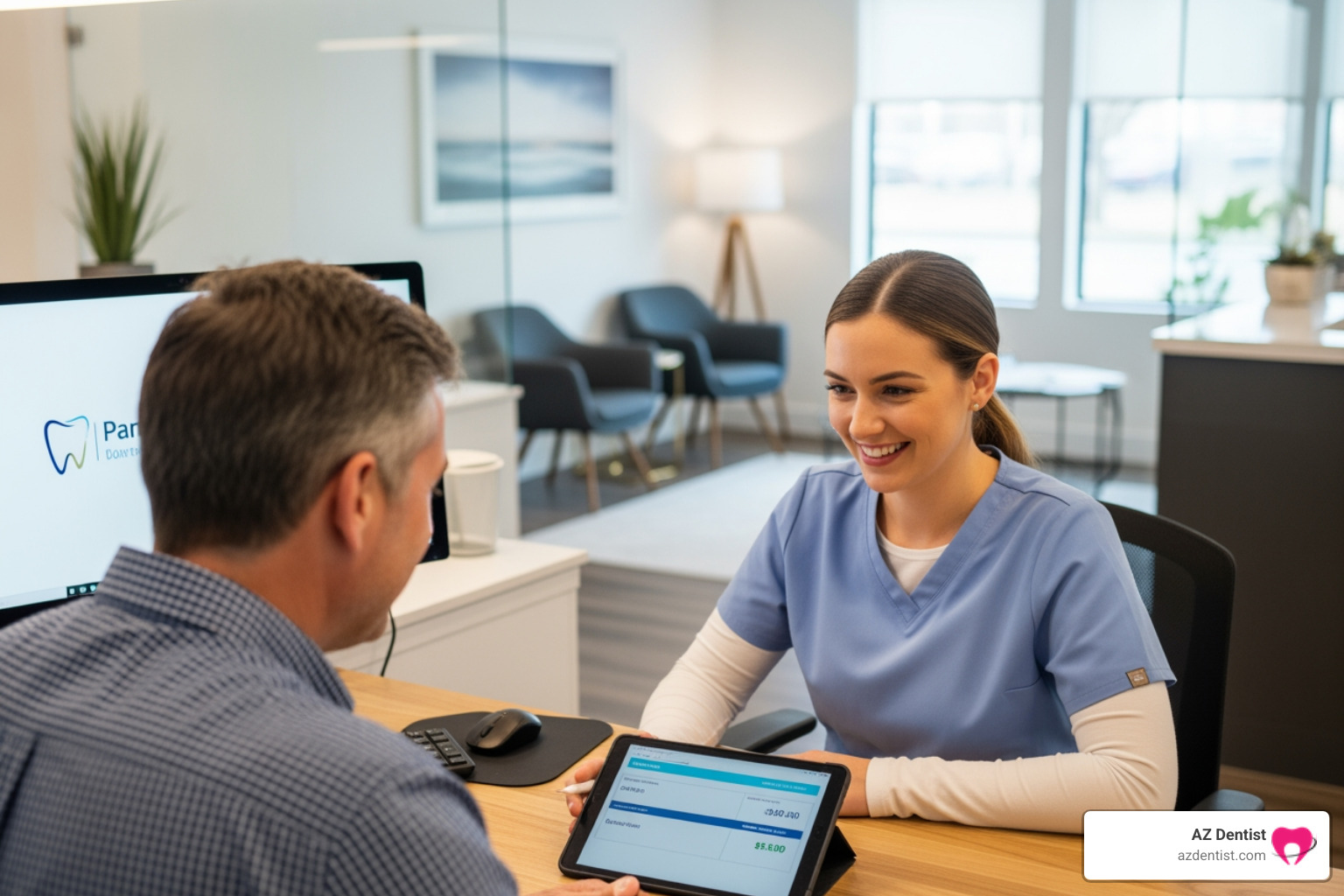 team member discussing payment plan with patient - dental implants Arizona