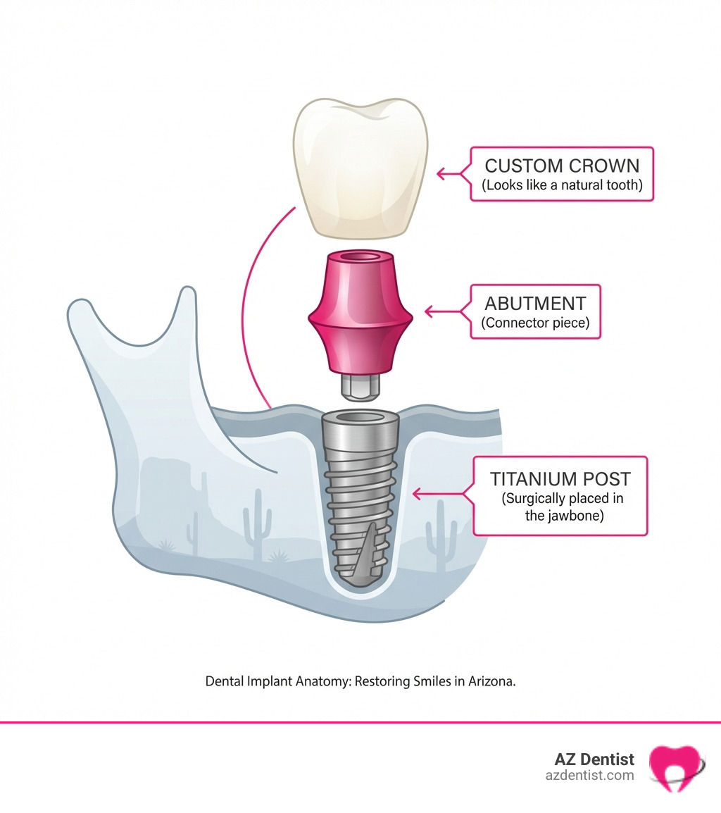 infographic showing the anatomy of a dental implant with three labeled components: the titanium post surgically placed in the jawbone, the abutment connector piece, and the custom crown that looks like a natural tooth - dental implants Arizona infographic 