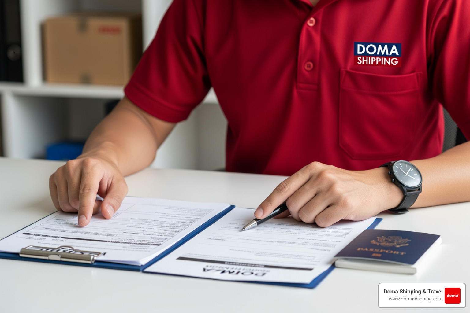 Shipping documents and a passport on a table with a Doma Shipping professional - shipping car from usa to europe price Shipping documents and a passport on a table with a Doma Shipping professional - shipping car from usa to europe price