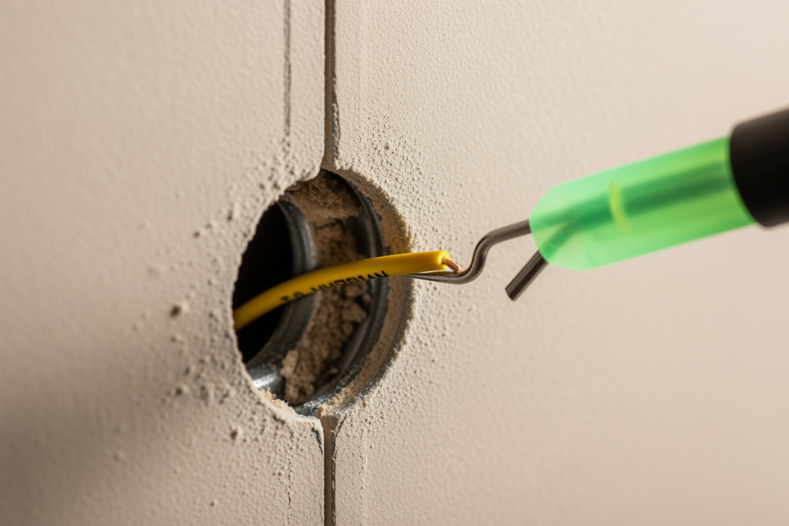 electrician carefully fishing wire through a wall to minimize damage - dedicated circuit cost electrician carefully fishing wire through a wall to minimize damage - dedicated circuit cost