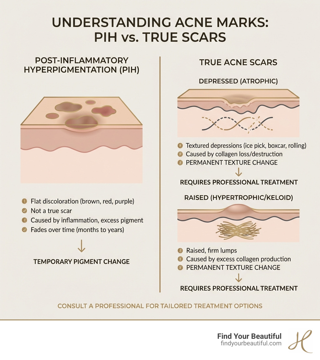 infographic showing the difference between post-inflammatory hyperpigmentation PIH flat discolored spots that fade over time and true acne scars which are textured depressions or raised areas in the skin caused by collagen production imbalances - how to lighten acne scars on face infographic 