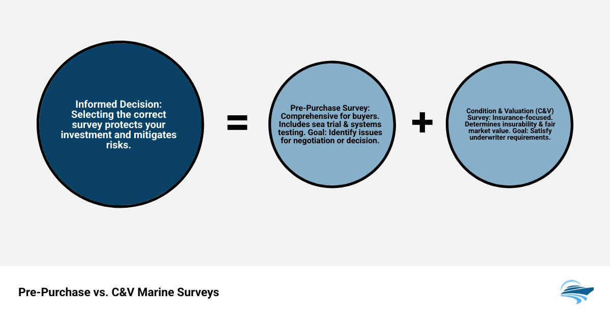 Infographic comparing Pre-Purchase Survey and Condition & Valuation Survey, showing that Pre-Purchase is comprehensive with sea trial for buyers making final decisions, while C&V is insurance-focused for underwriters assessing risk and establishing coverage, with differences in scope, depth of systems testing, and typical client type - marine survey services infographic sum_of_parts Infographic comparing Pre-Purchase Survey and Condition & Valuation Survey, showing that Pre-Purchase is comprehensive with sea trial for buyers making final decisions, while C&V is insurance-focused for underwriters assessing risk and establishing coverage, with differences in scope, depth of systems testing, and typical client type - marine survey services infographic sum_of_parts