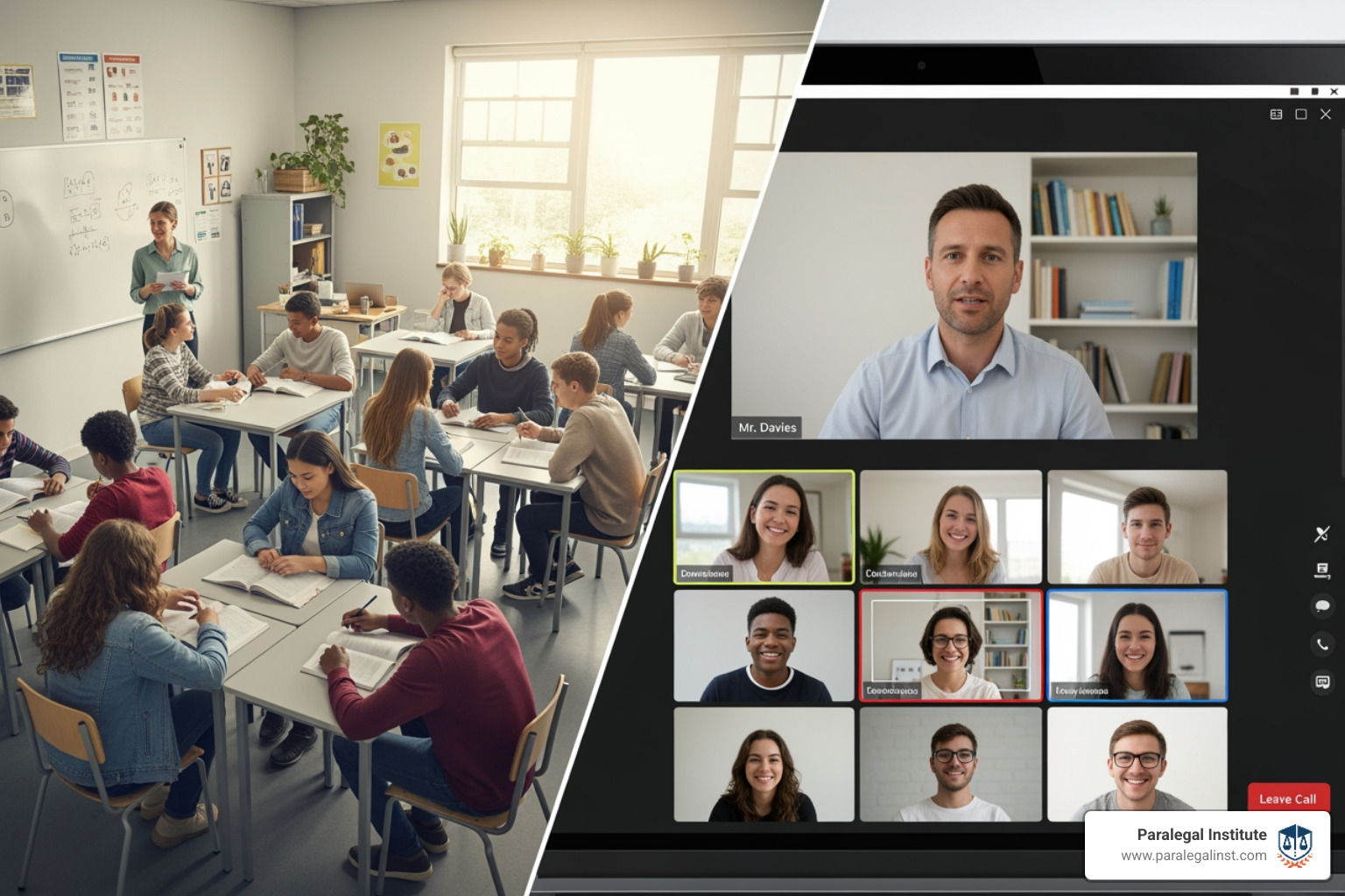 split screen showing an in-person classroom and a live online class - Paralegal certificate cost